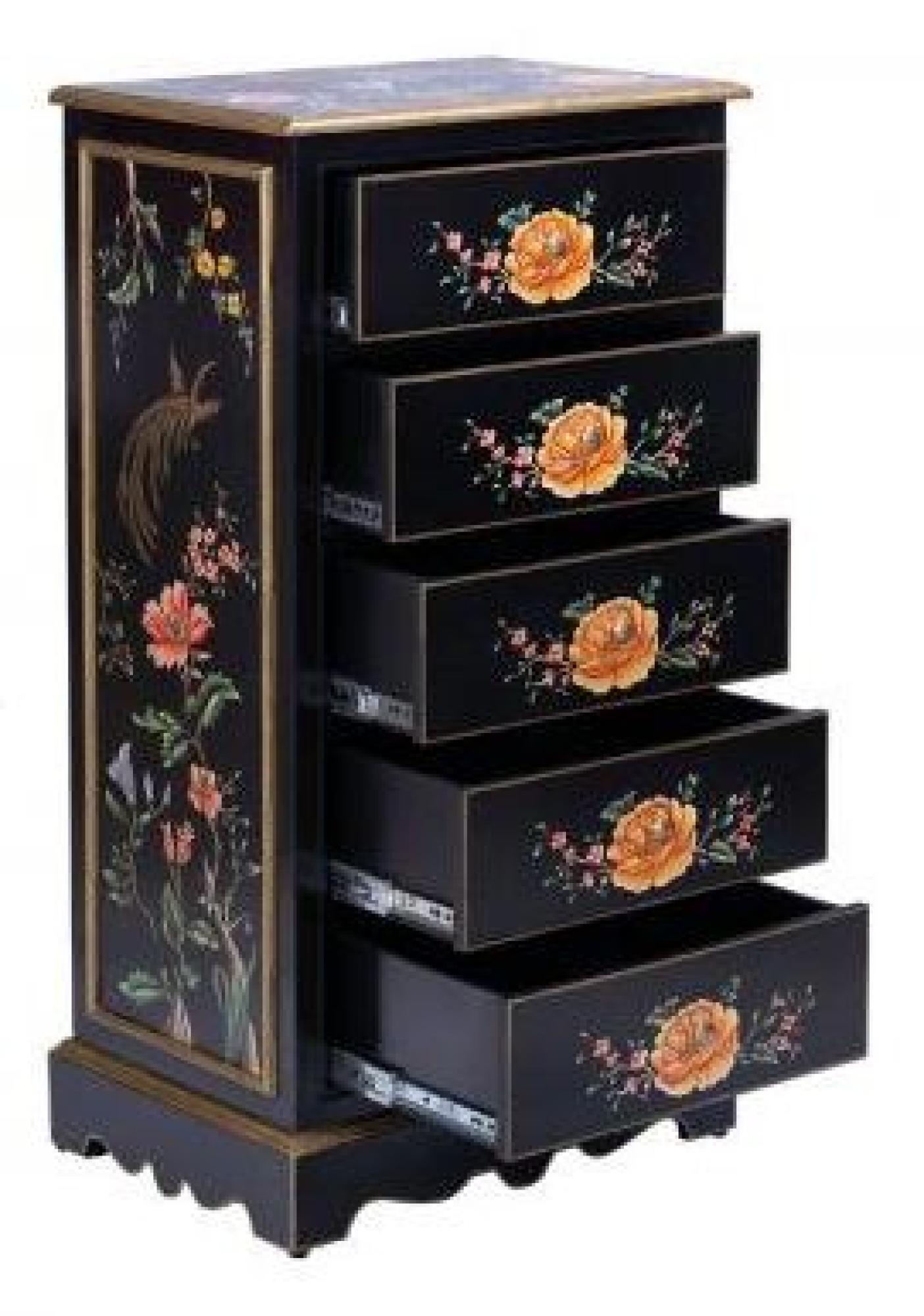 Meerut Black Lyre Bird Design 5 Drawer Tall Chest