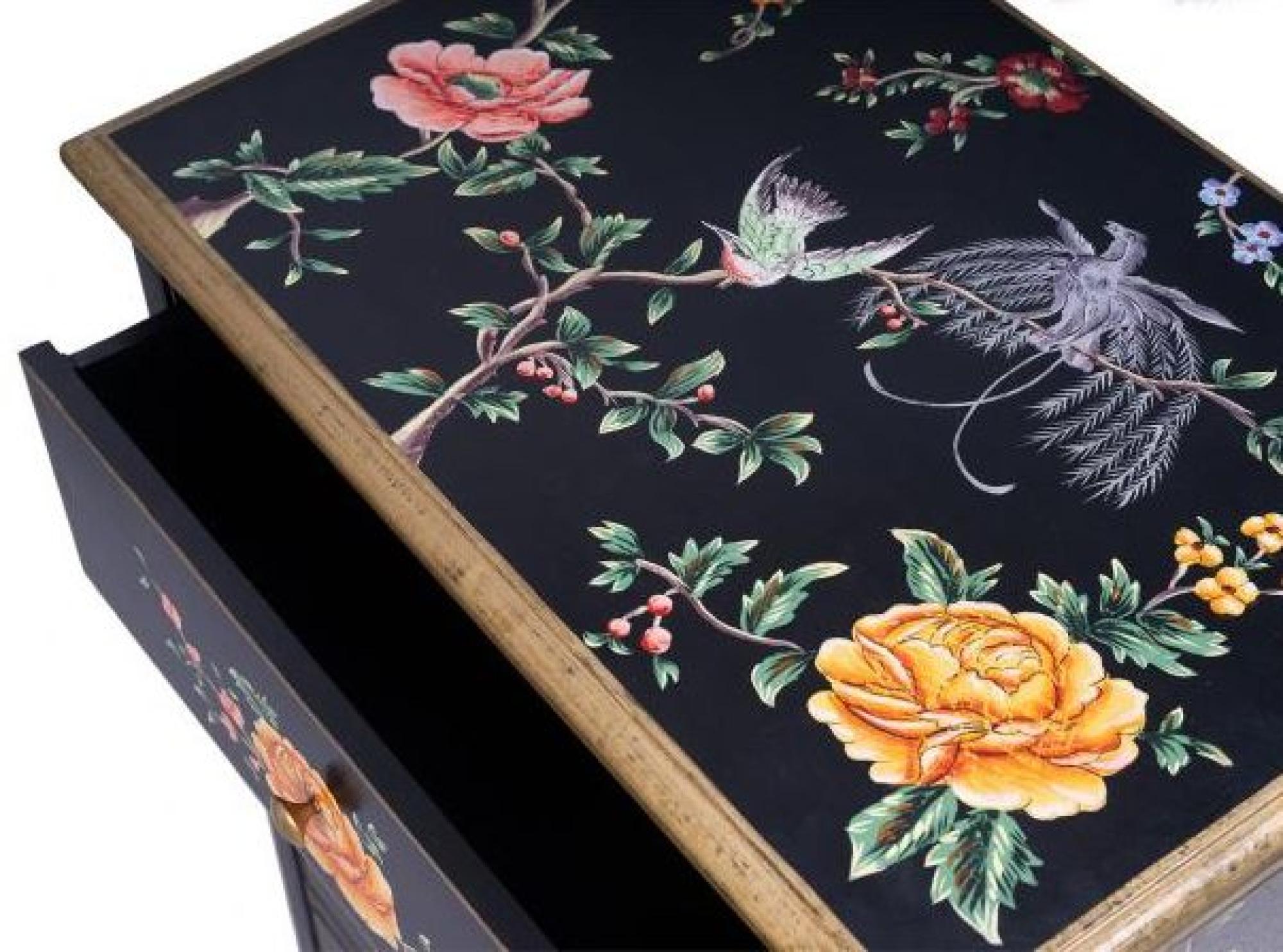 Meerut Black Lyre Bird Design 5 Drawer Tall Chest