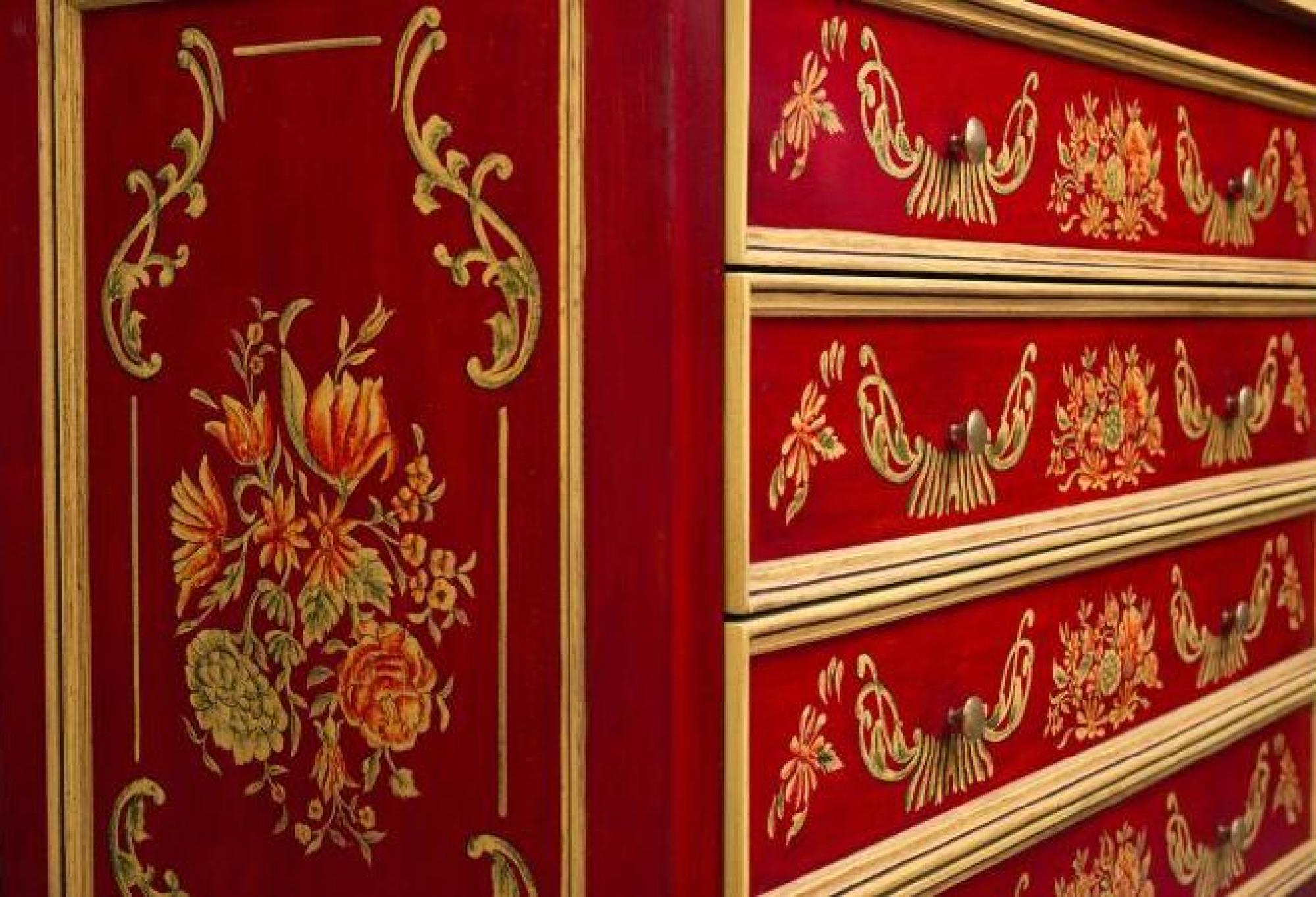 Meerut Red Floral Design 4 Drawer Chest