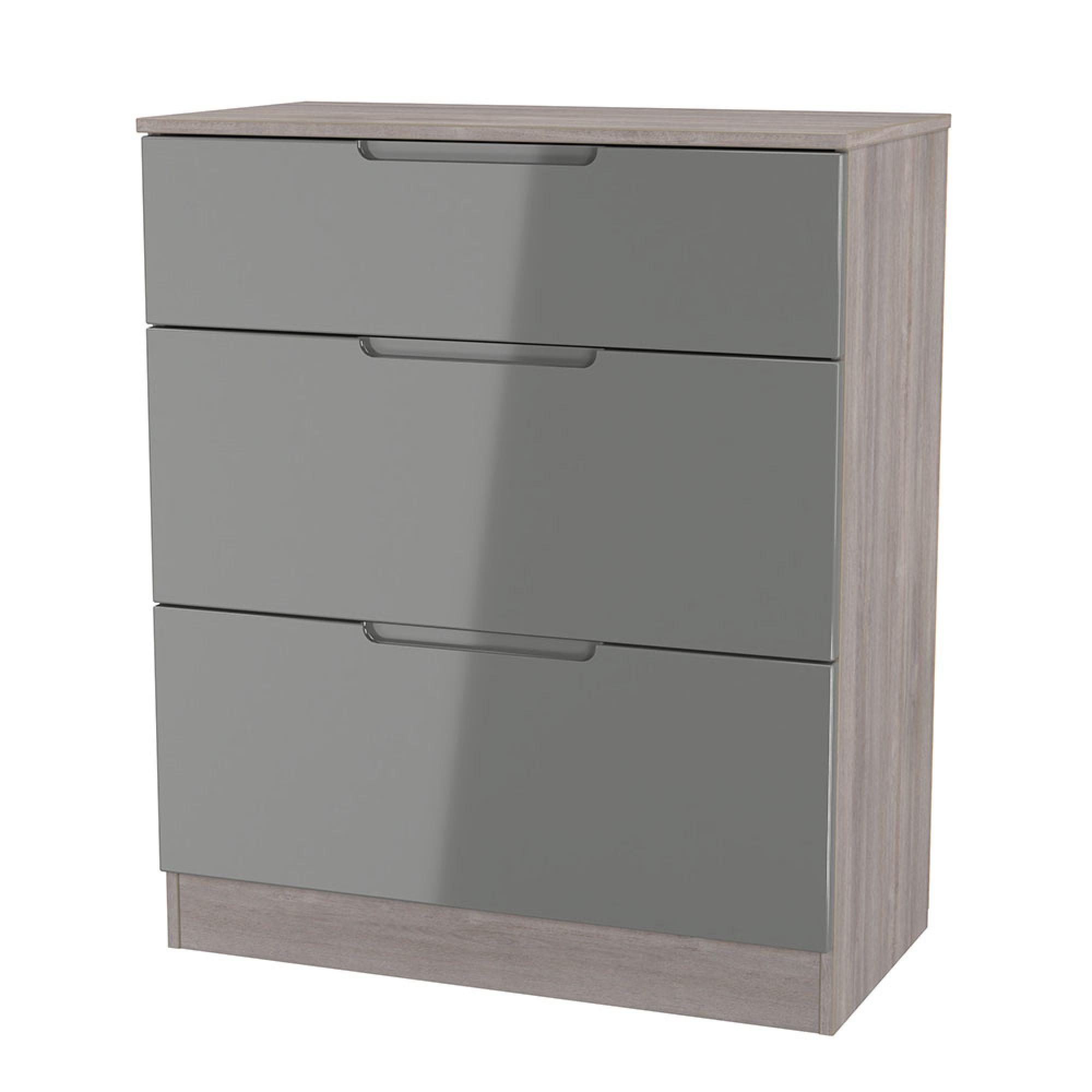 Milan Chest - Deep - 3 Drawer - Grey Gloss and Grey Oak