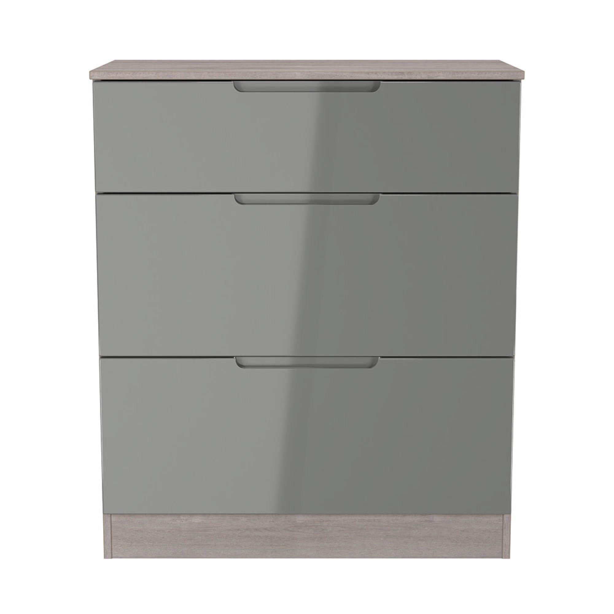 Milan Chest - Deep - 3 Drawer - Grey Gloss and Grey Oak