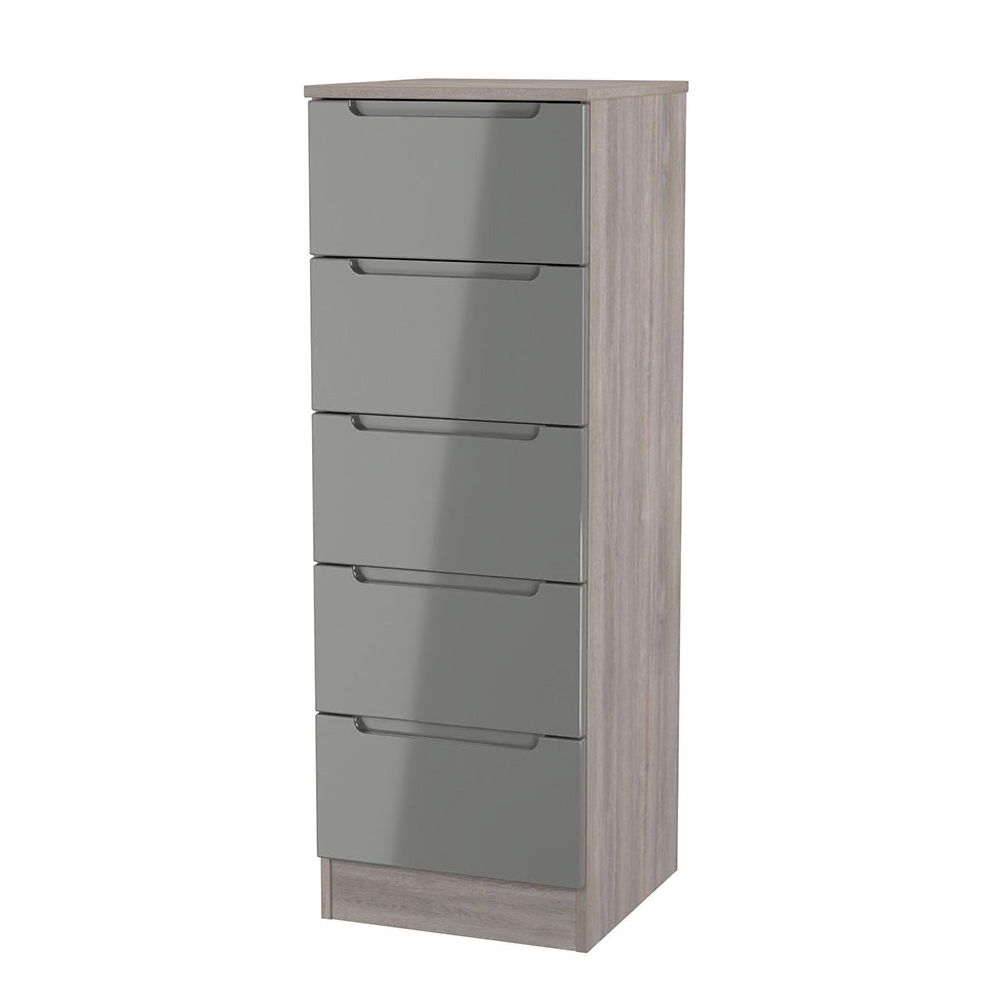 Milan Chest - Narrow - 5 Drawer - Grey Gloss and Grey Oak