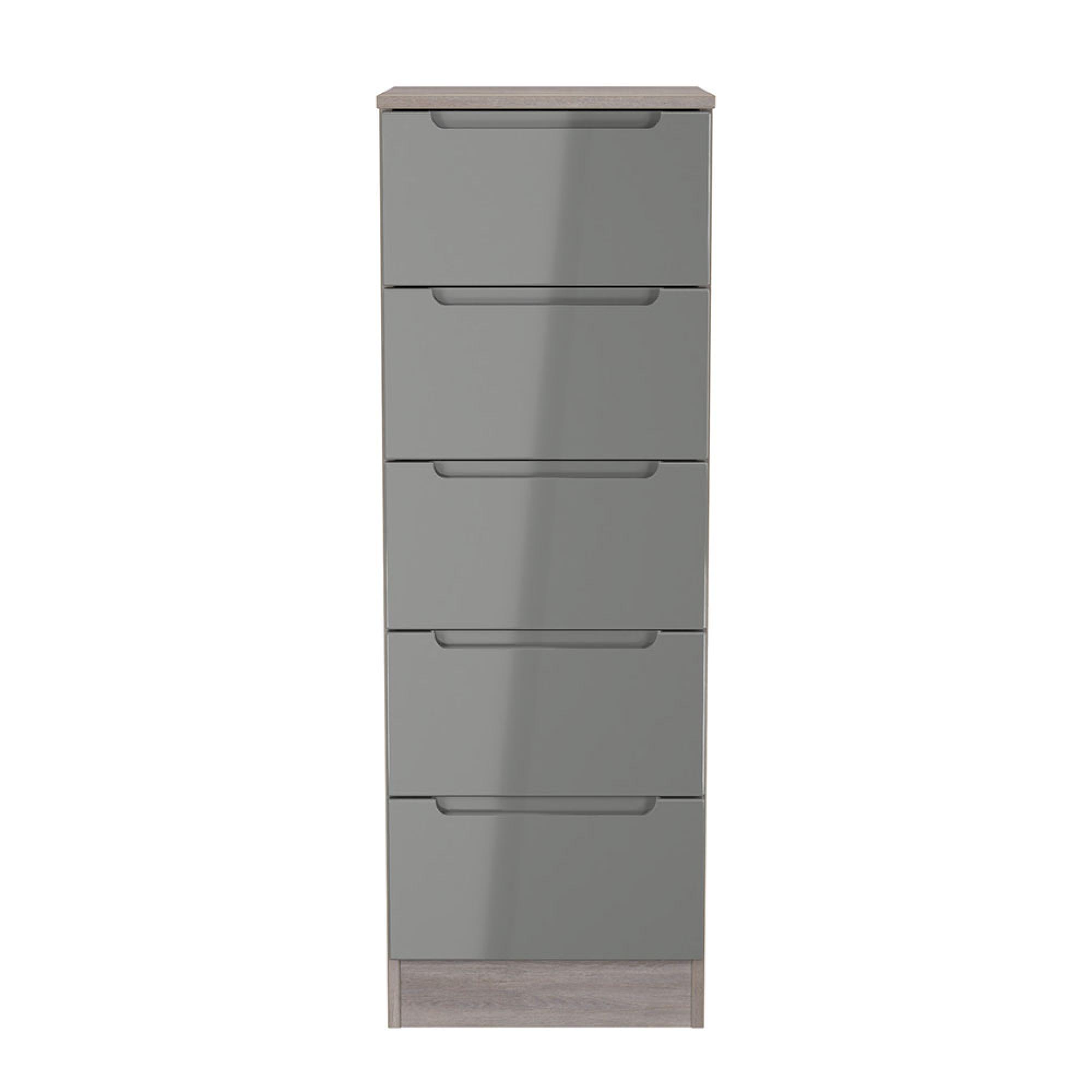 Milan Chest - Narrow - 5 Drawer - Grey Gloss and Grey Oak