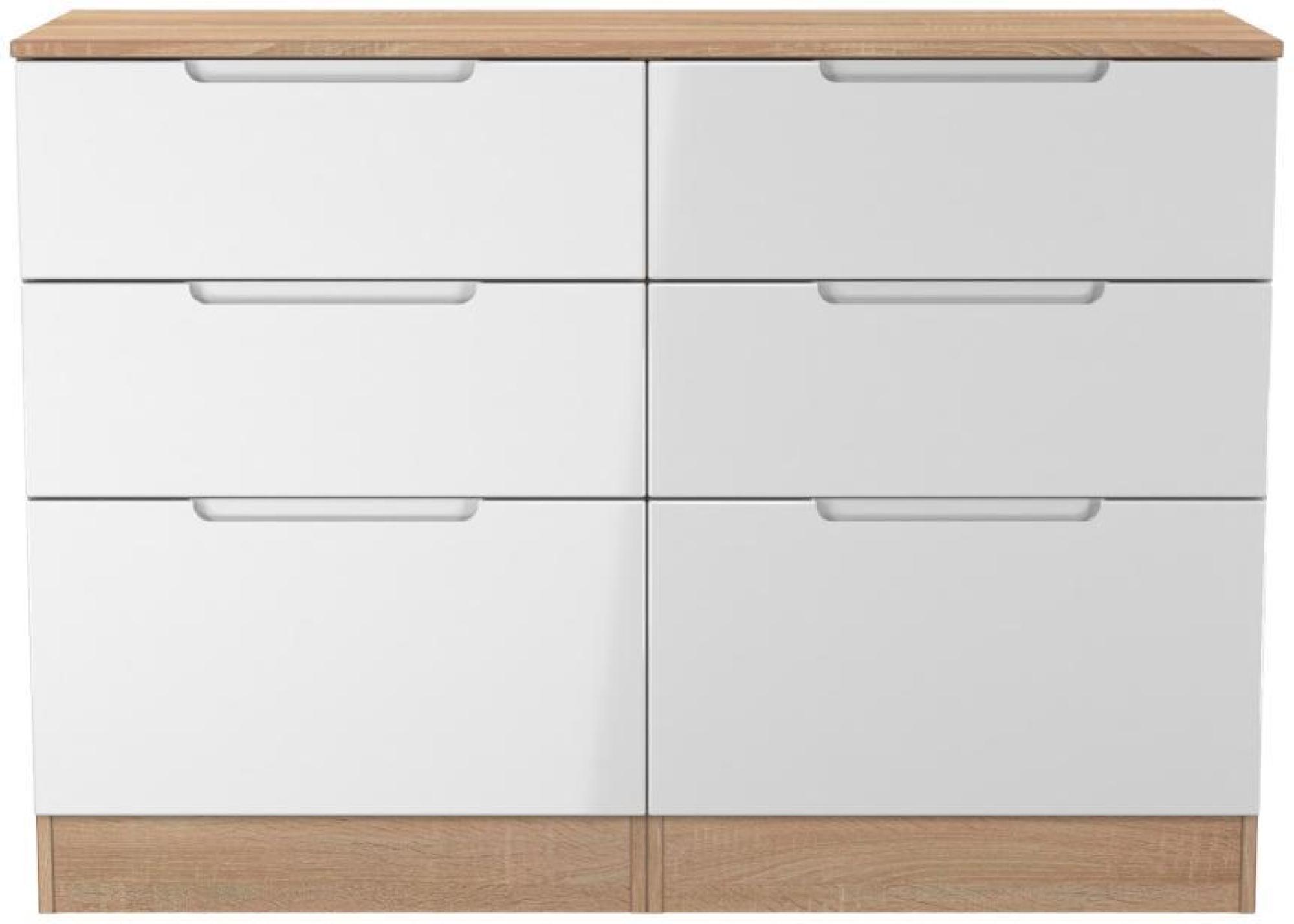Milan White Gloss and Oak Effect 6 Drawer Midi Chest