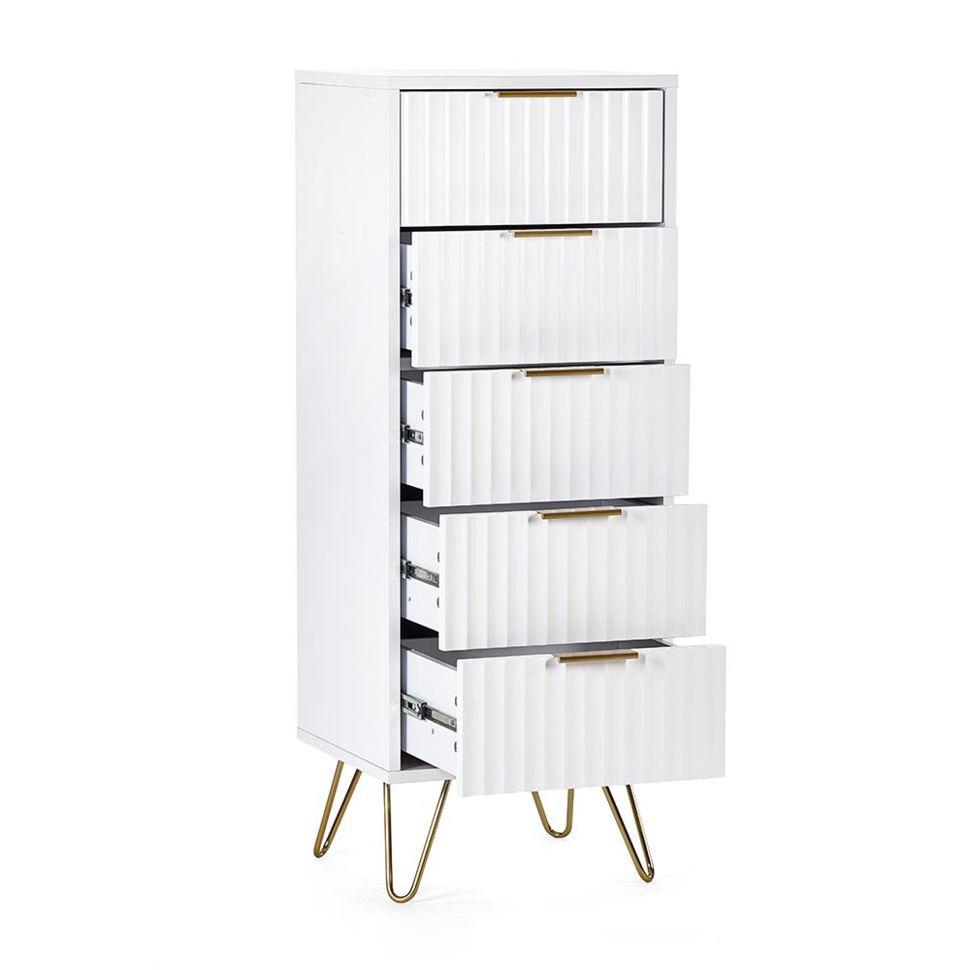 Murano Chest of Drawers - 5 Drawer - Narrow - Ribbed - White
