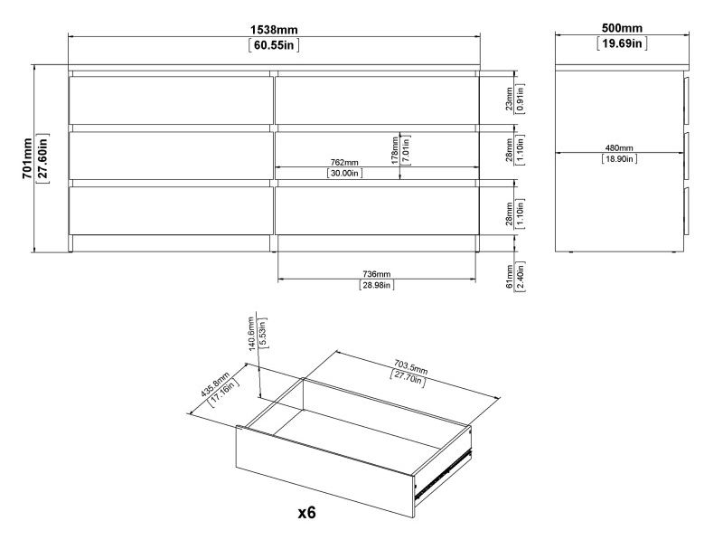 Naia Oak Effect 6 Drawer Wide Chest