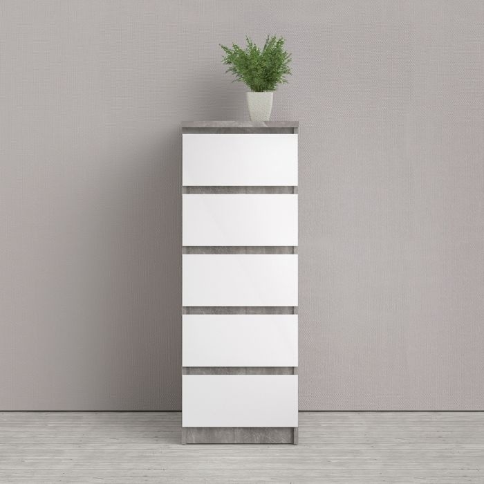 Naia White Gloss 5 Drawer Narrow Chest