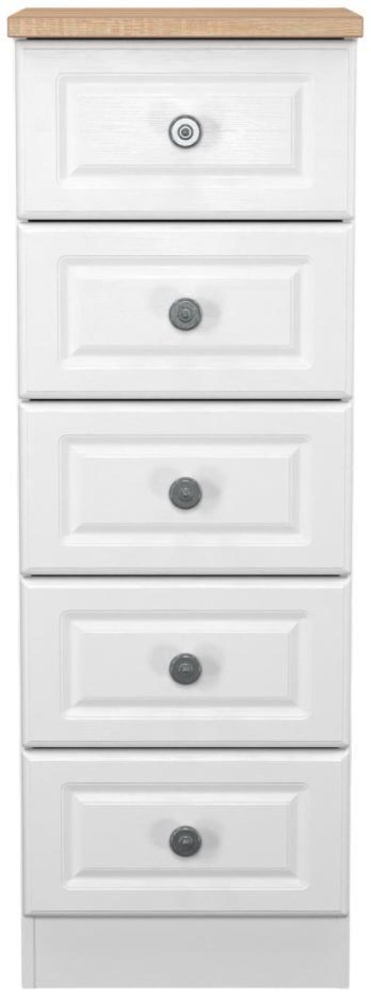 Norfolk White and Oak Effect 5 Drawer Narrow Chest