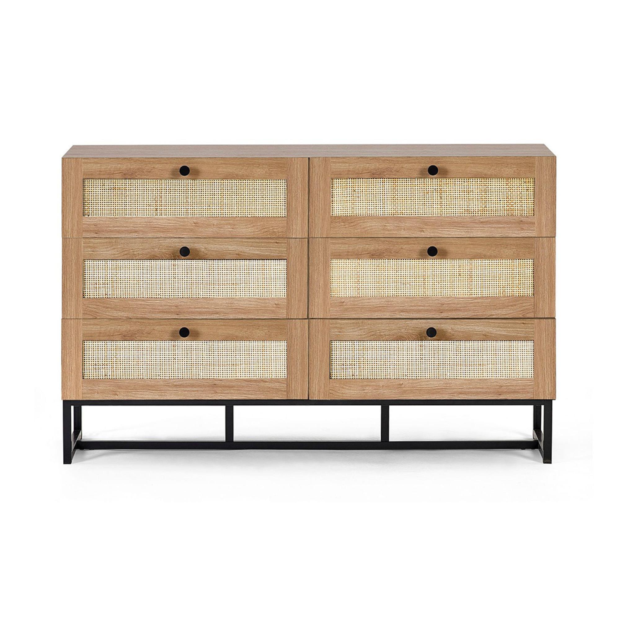 Padstow Chest of Drawers - 6 Drawer - Wide - Oak and Rattan