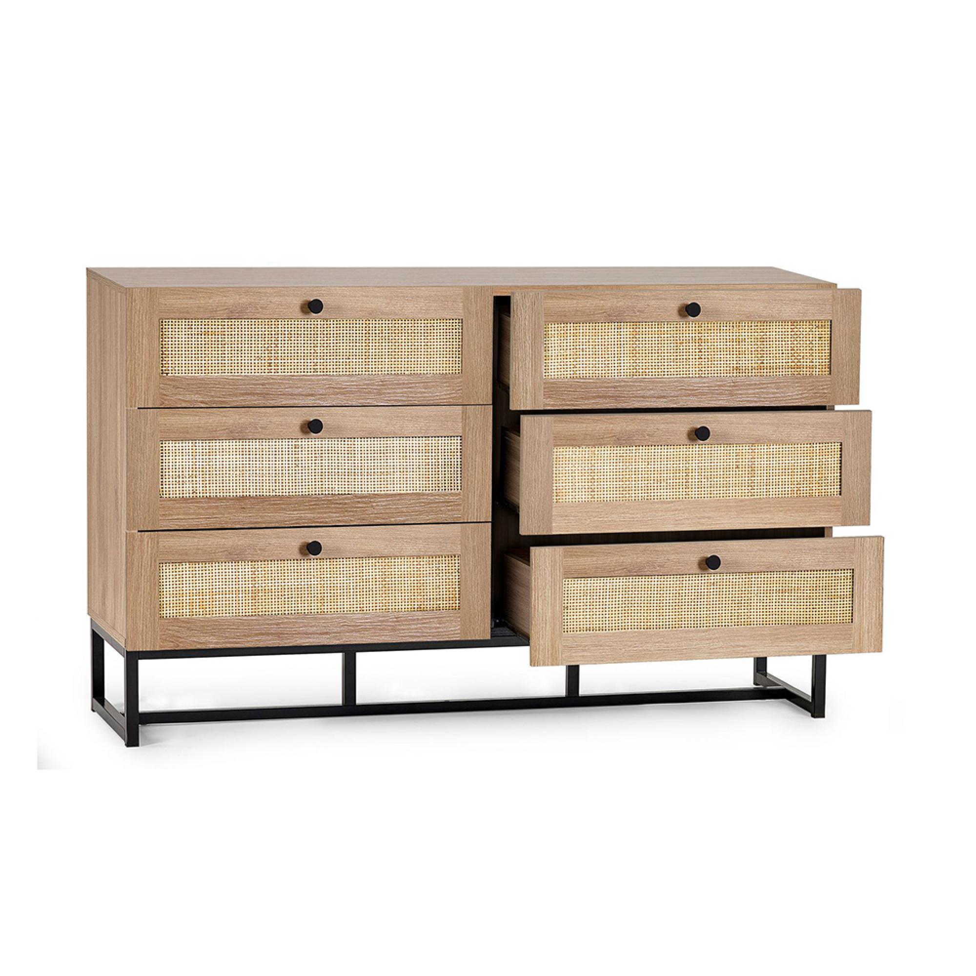 Padstow Chest of Drawers - 6 Drawer - Wide - Oak and Rattan