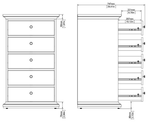 Paris Grey 5 Drawer Narrow Chest