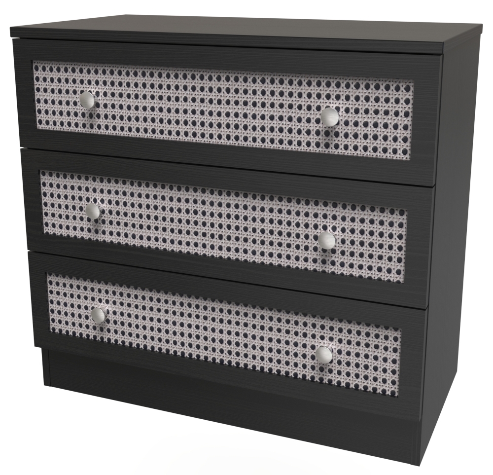Rattan and Black Ash Chest - Small - 3 Drawer