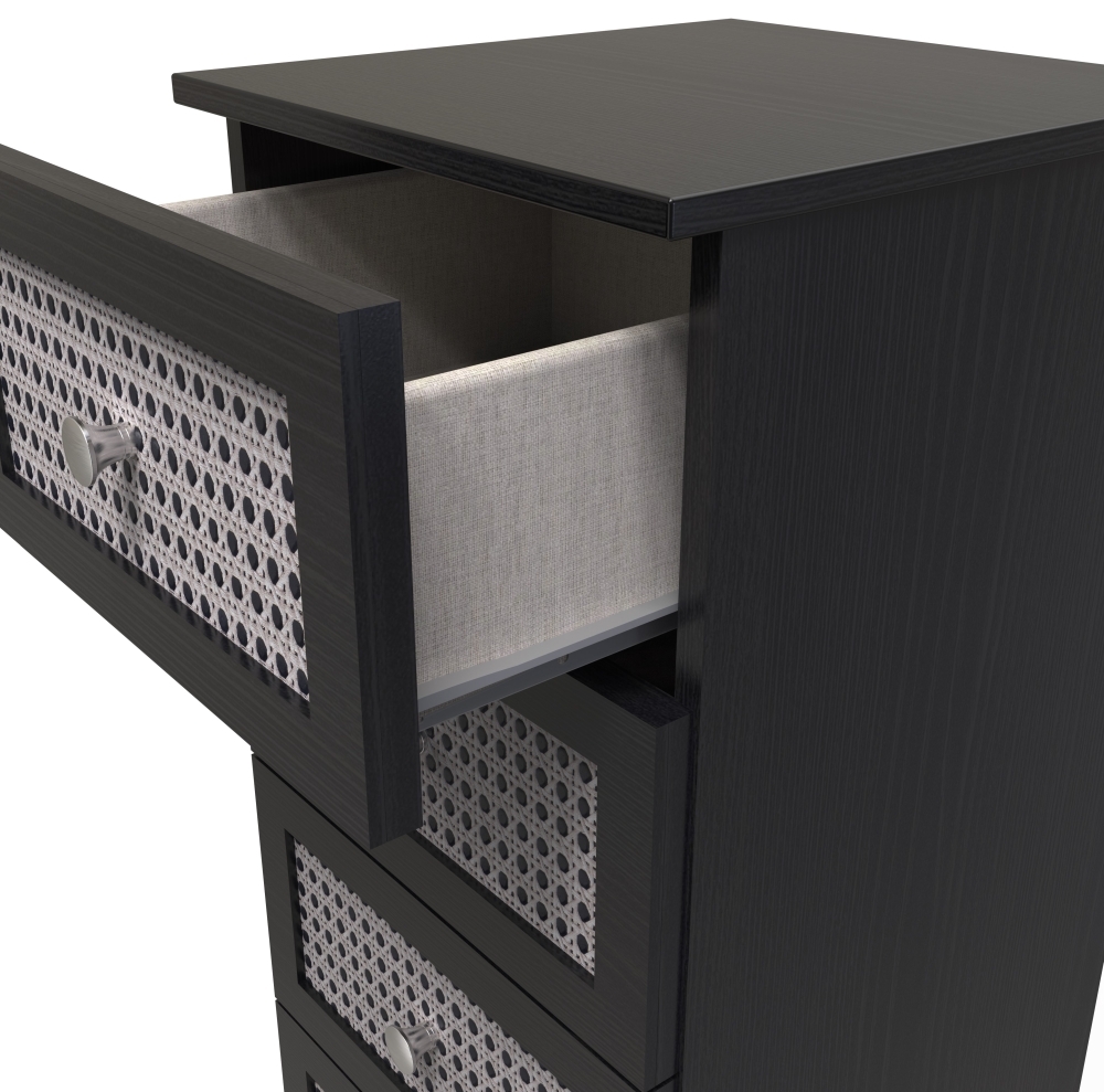 Rattan and Black Ash Chest - Narrow - 5 Drawer