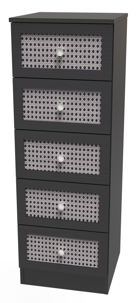 Rattan and Black Ash Chest - Narrow - 5 Drawer