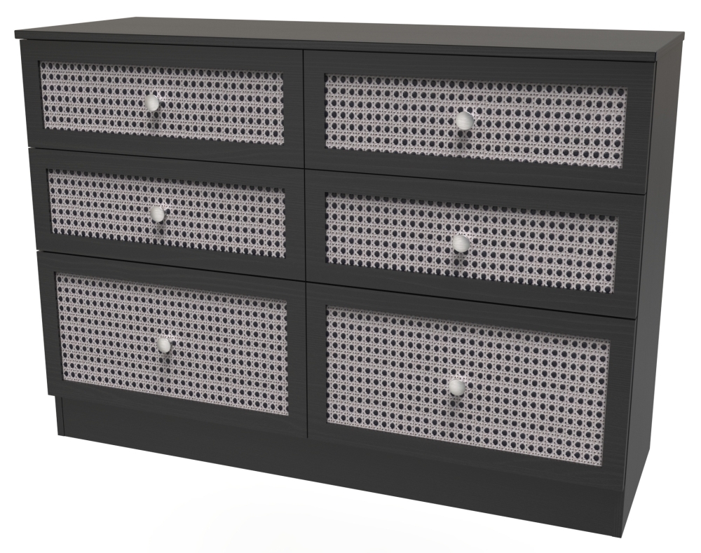 Rattan and Black Ash Chest - Midi - 6 Drawer