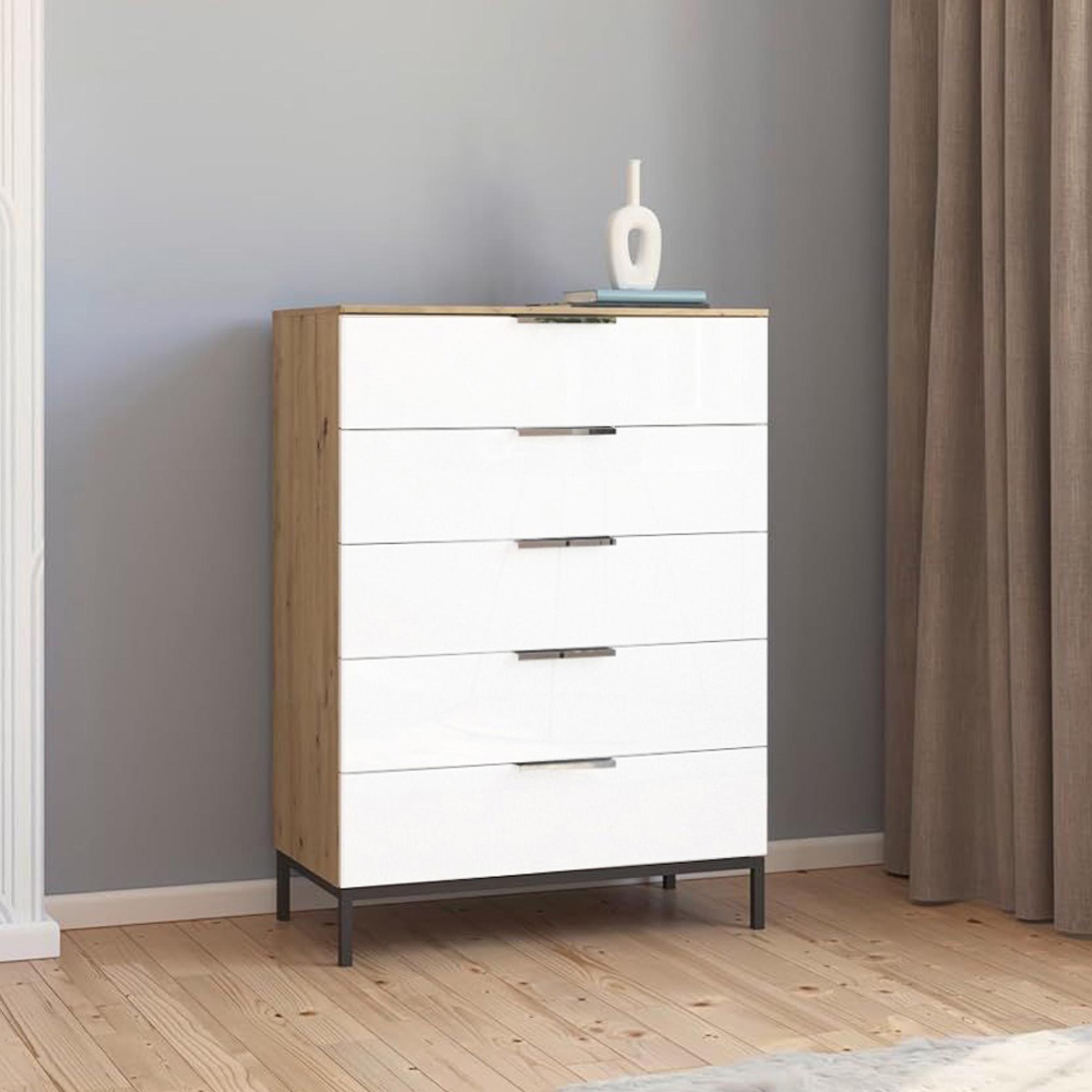 Rauch Flipp 5 Drawer Chest with Metal Base - Artisan Oak and Alpine White