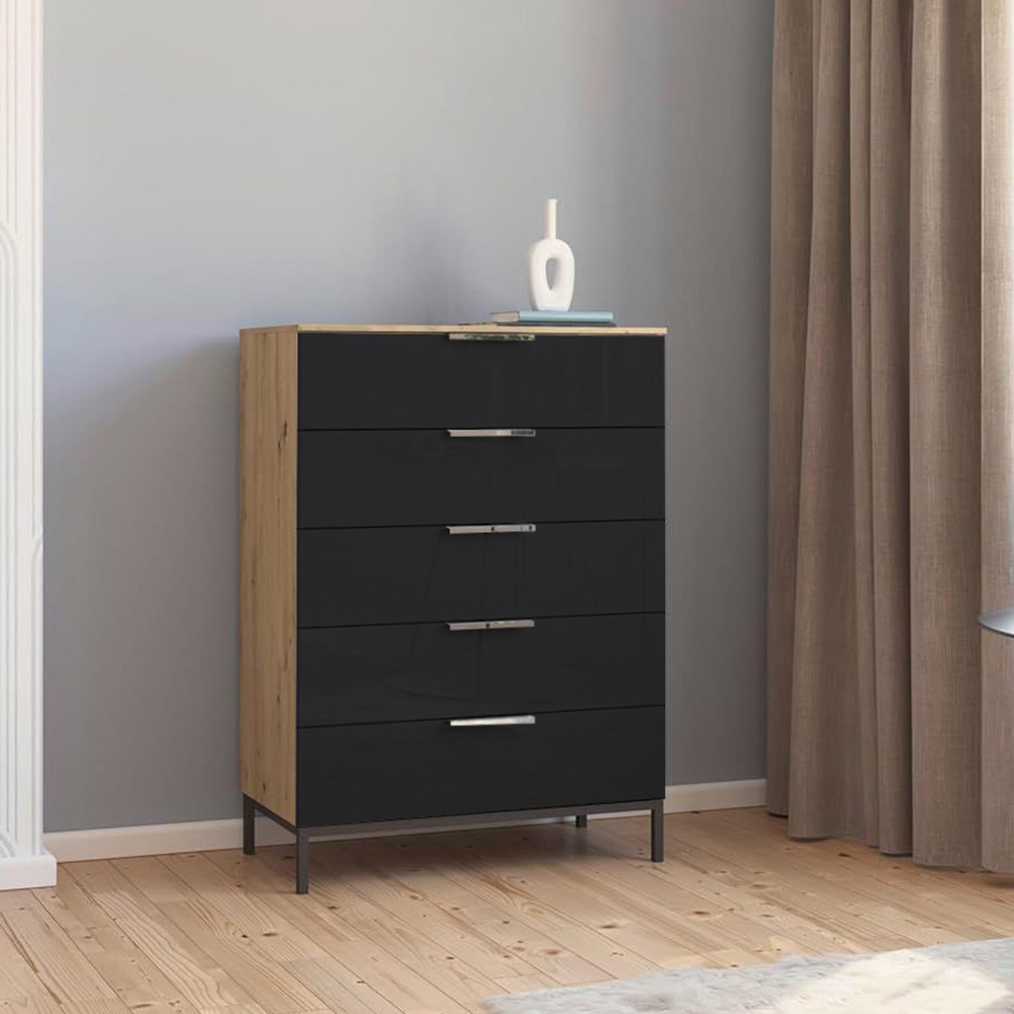 Rauch Flipp 5 Drawer Chest with Metal Base - Artisan Oak and Basalt Glass