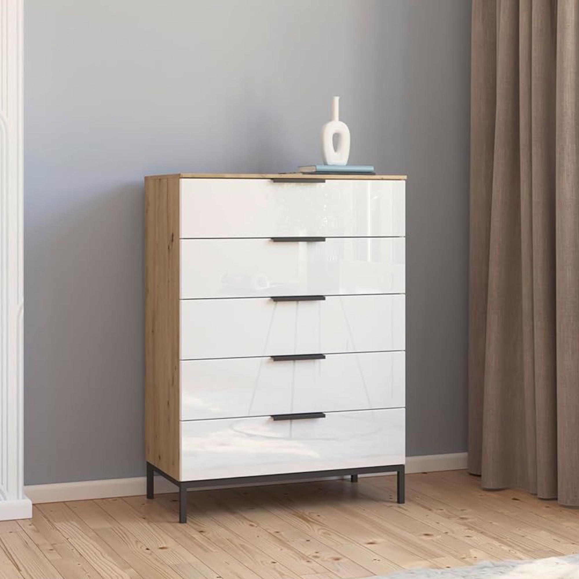 Rauch Flipp 5 Drawer Chest with Metal Base - Artisan Oak and White Glass