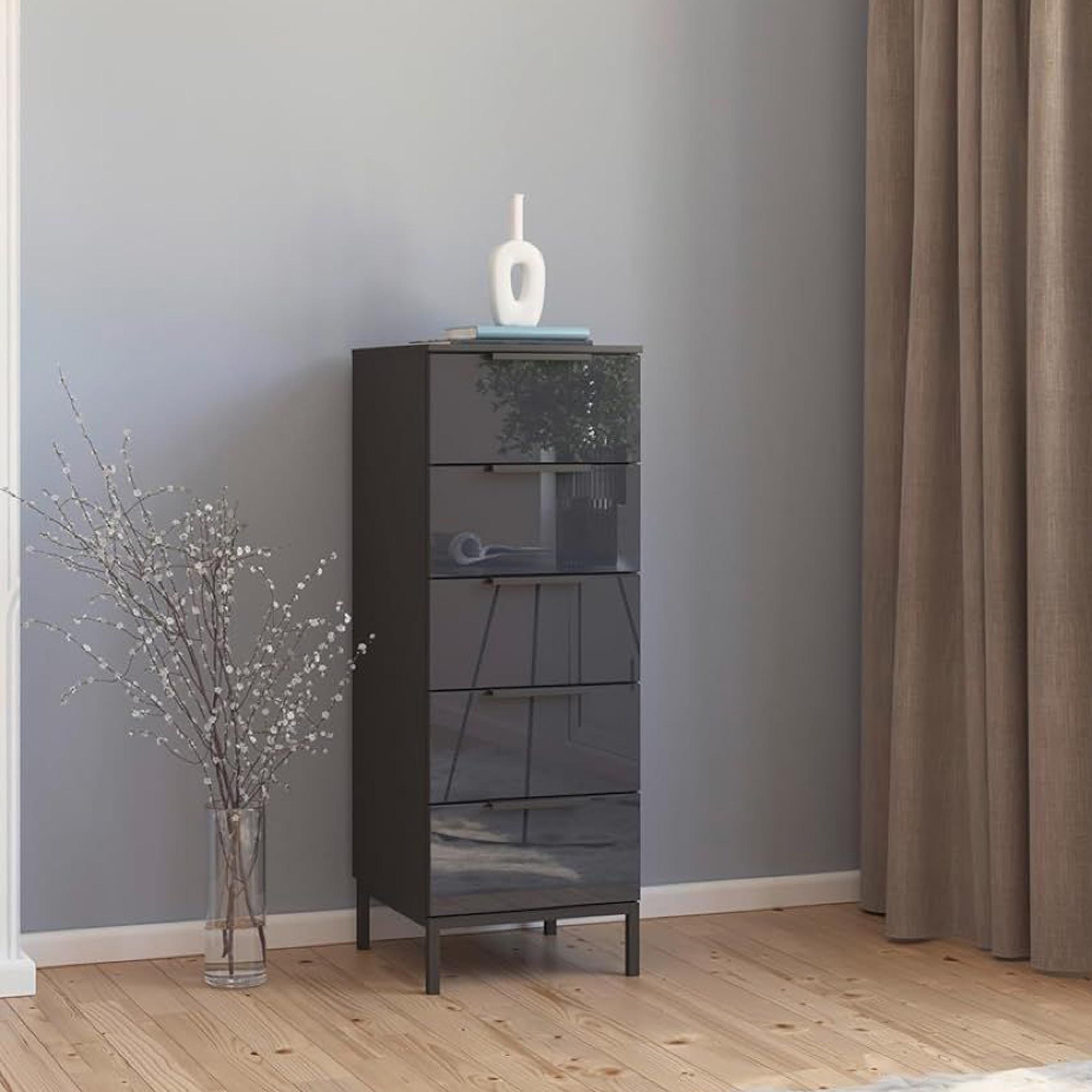 Rauch Flipp 5 Drawer Tall Chest with Metal Base - Graphite and Basalt Glass