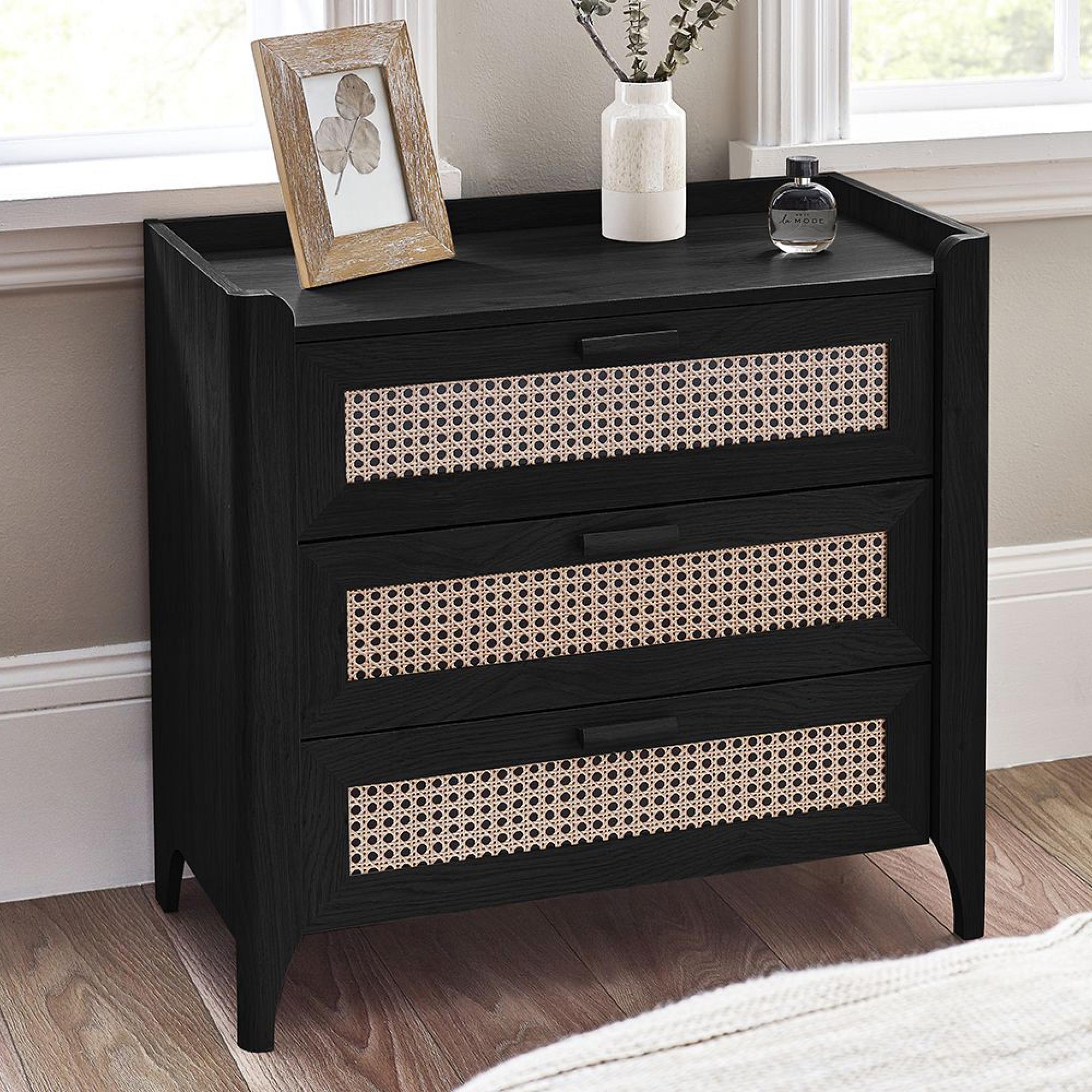 Sydney Chest of Drawers - 3 Drawer - Black and Faux Rattan