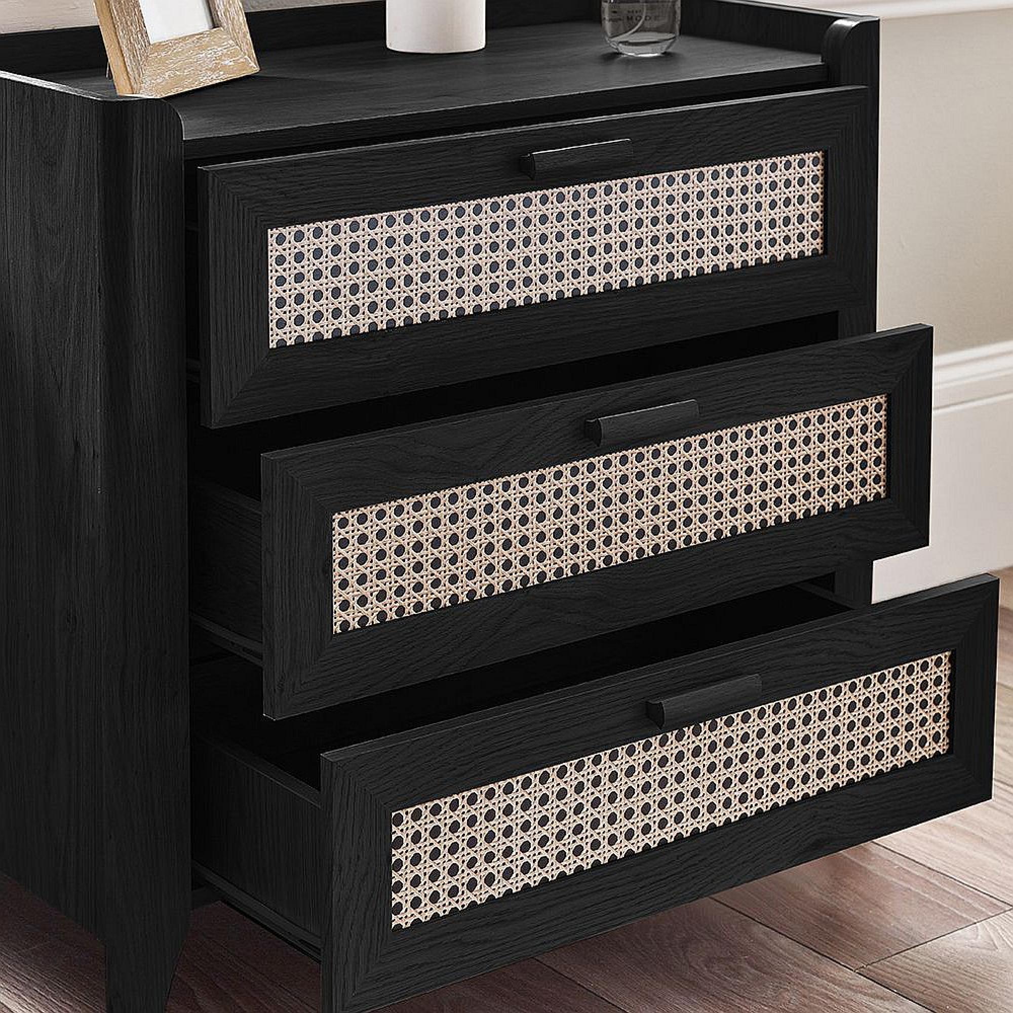 Sydney Chest of Drawers - 3 Drawer - Black and Faux Rattan
