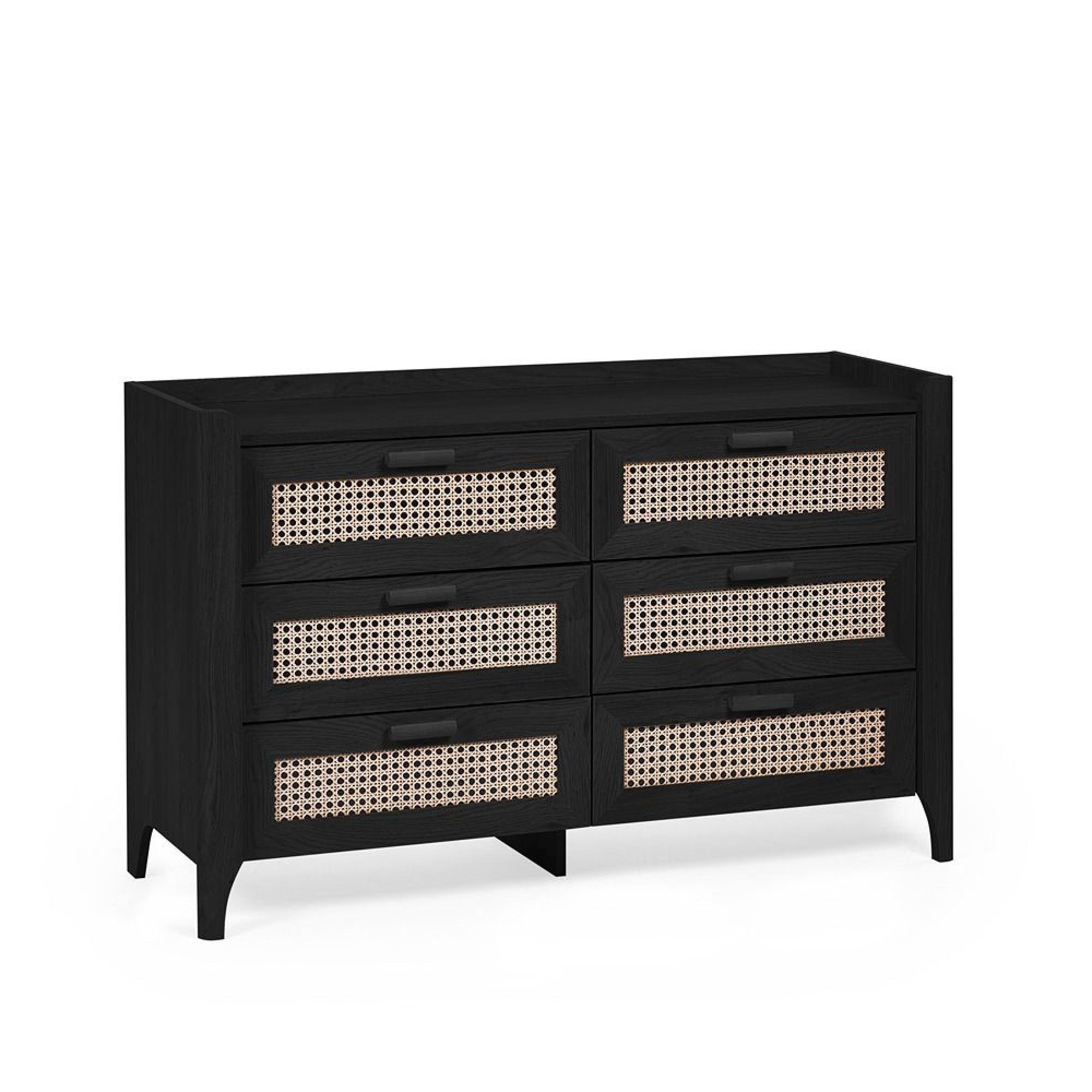 Sydney Chest of Drawers - 6 Drawer - Wide - Black and Faux Rattan