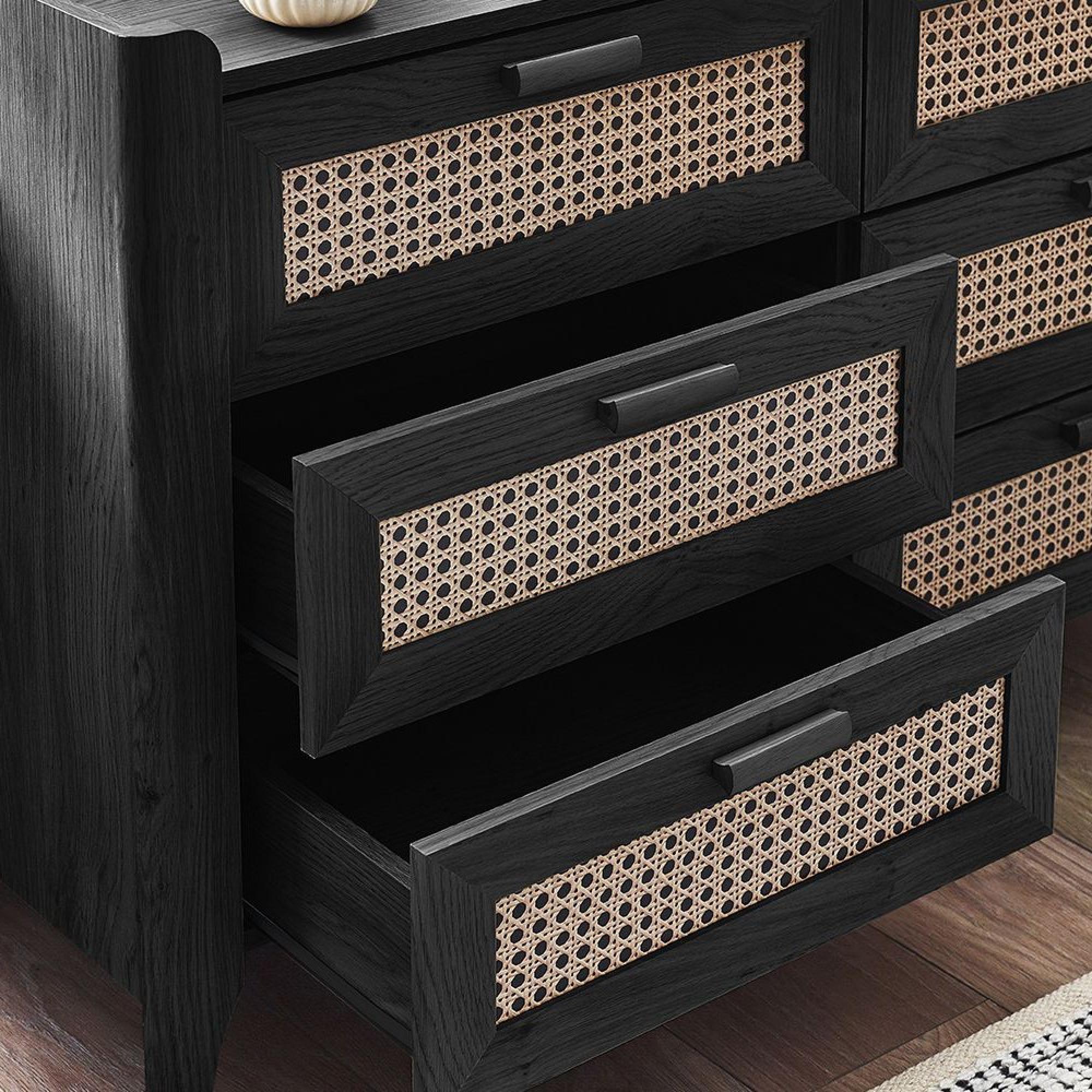 Sydney Chest of Drawers - 6 Drawer - Wide - Black and Faux Rattan