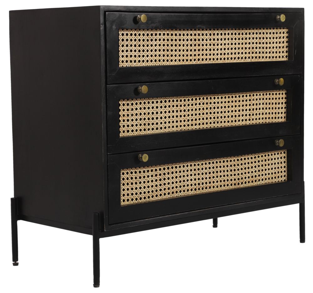 Tapola Black Wood and Rattan 3 Drawer Small Chest