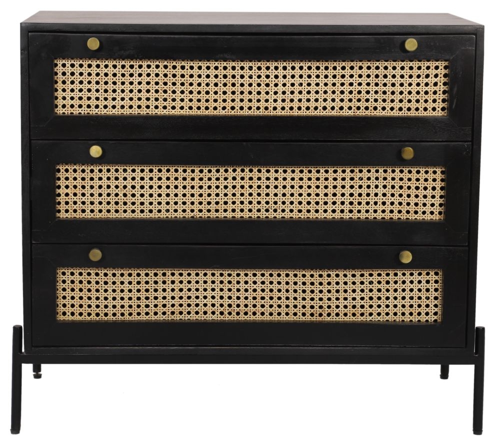Tapola Black Wood and Rattan 3 Drawer Small Chest