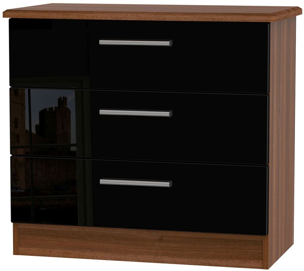 Knightsbridge 3 Drawer Chest - High Gloss Black and Noche Walnut