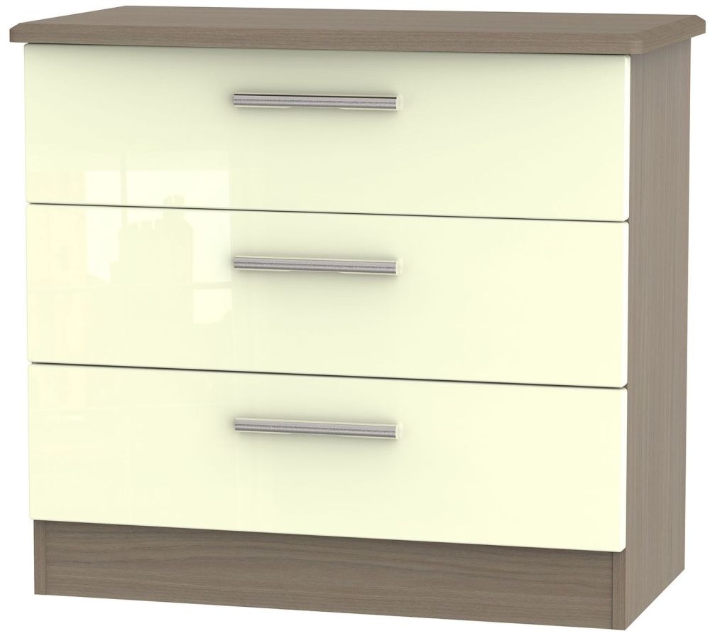 Knightsbridge 3 Drawer Chest - High Gloss Cream and Toronto Walnut