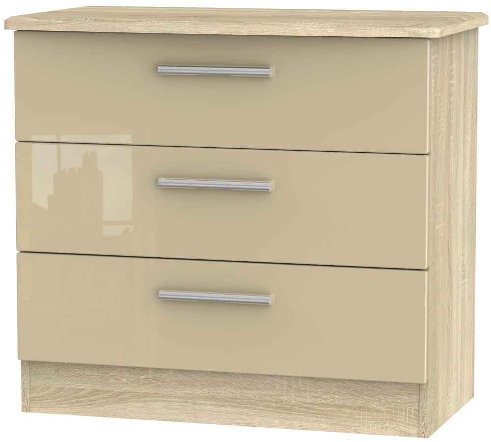 Knightsbridge 3 Drawer Chest - High Gloss Mushroom and Bardolino