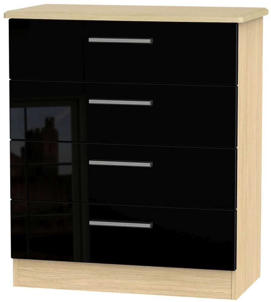 Knightsbridge 4 Drawer Chest - High Gloss Black and Light Oak