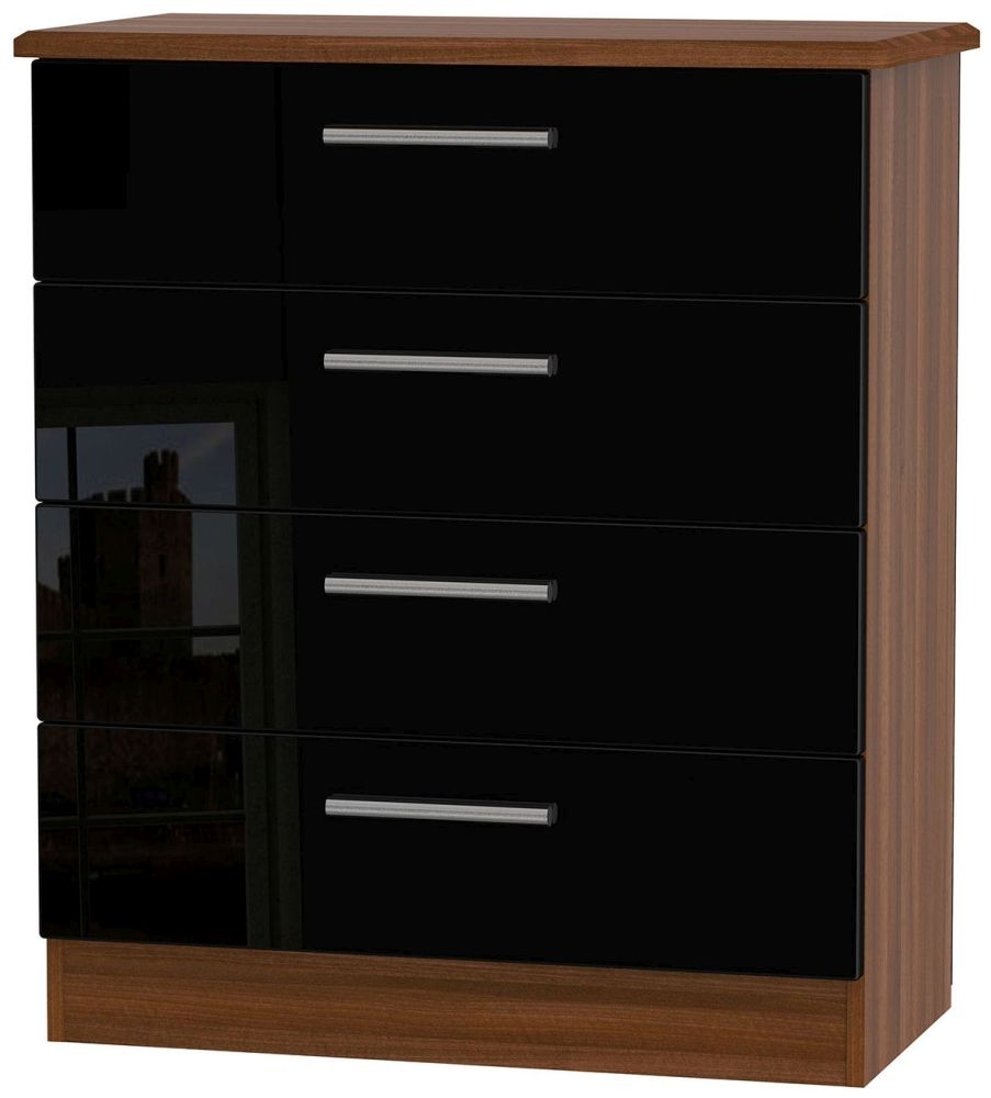 Knightsbridge 4 Drawer Chest - High Gloss Black and Noche Walnut