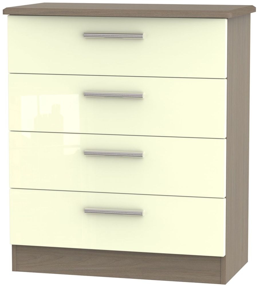 Knightsbridge 4 Drawer Chest - High Gloss Cream and Toronto Walnut