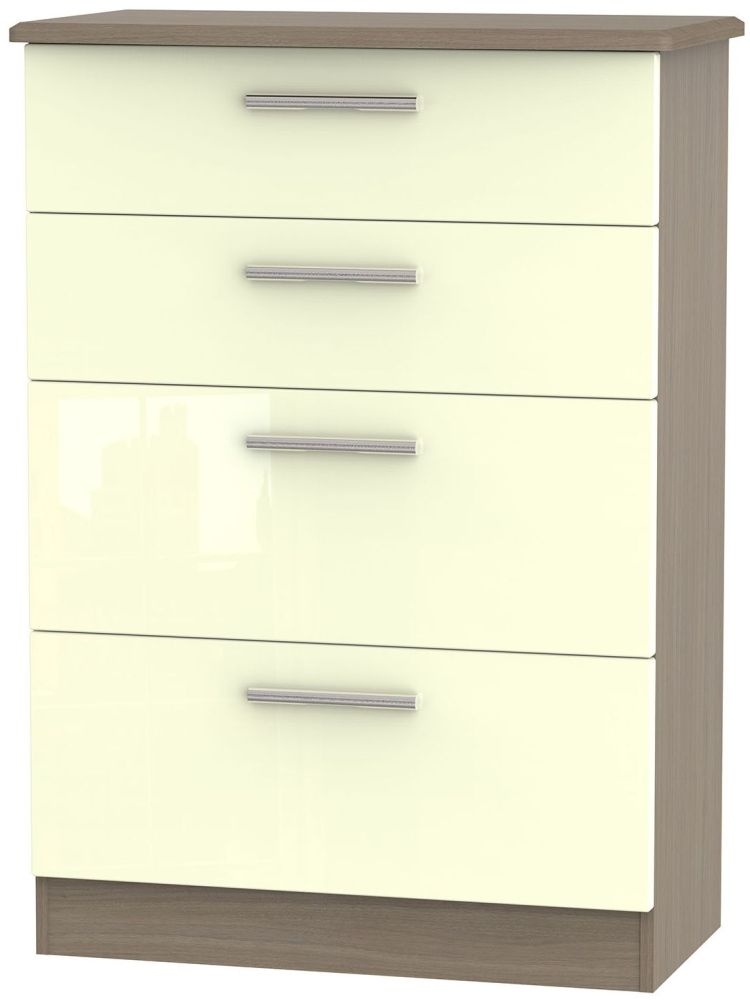 Knightsbridge 4 Drawer Deep Chest - High Gloss Cream and Toronto Walnut