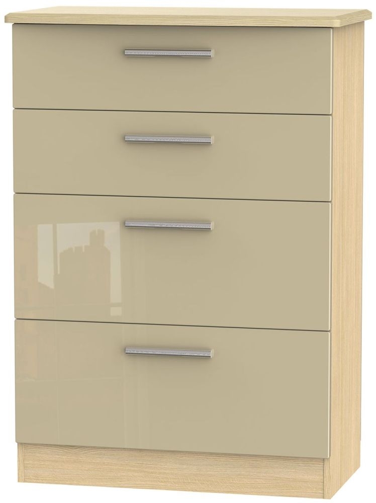 Knightsbridge 4 Drawer Deep Chest - High Gloss Mushroom and Light Oak