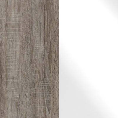 Dark Rustic Oak Carcase and White Glass Front with Chrome Handles Ledges and Trims 328