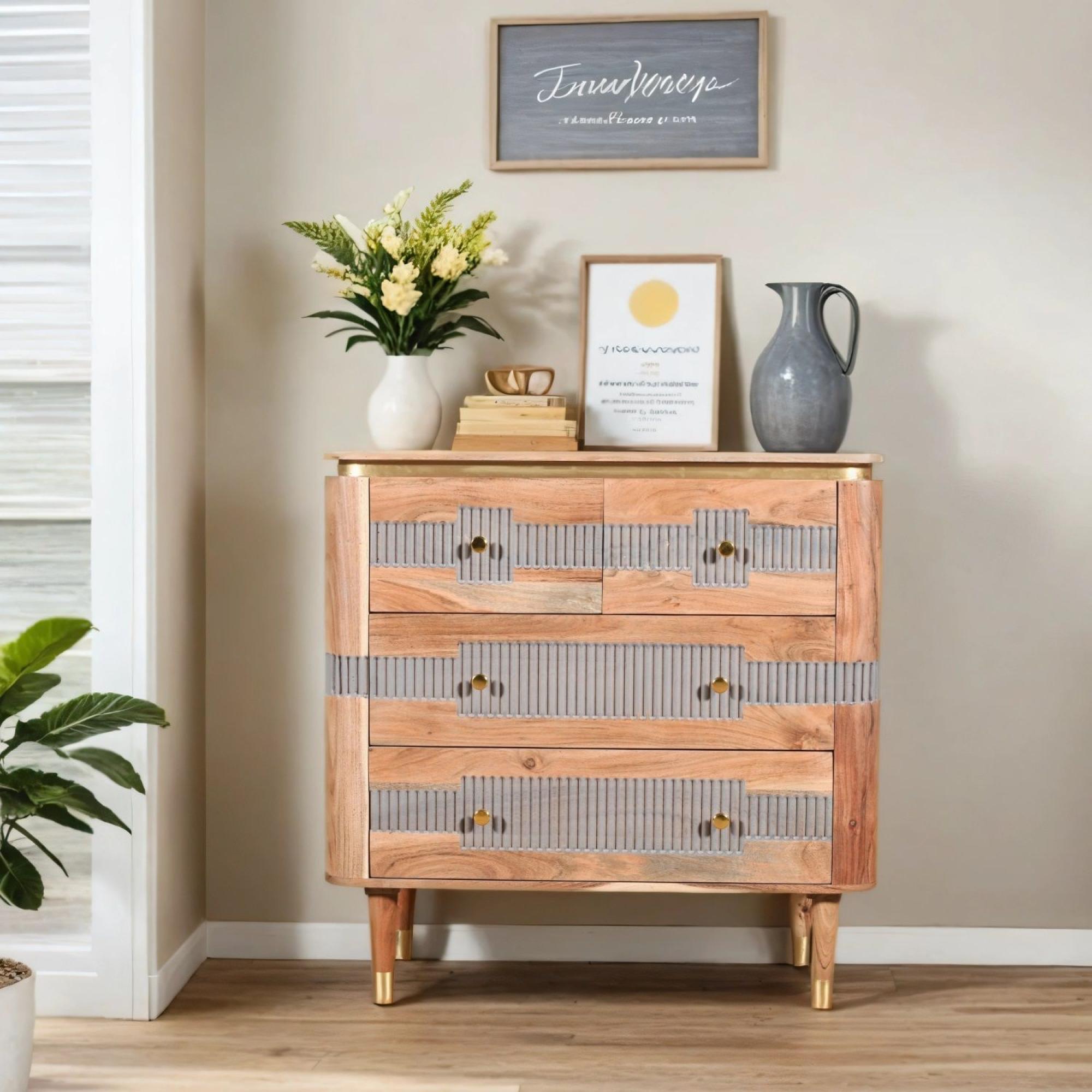 William Acacia Ribbed with Gold Trim 4 Drawer Chest