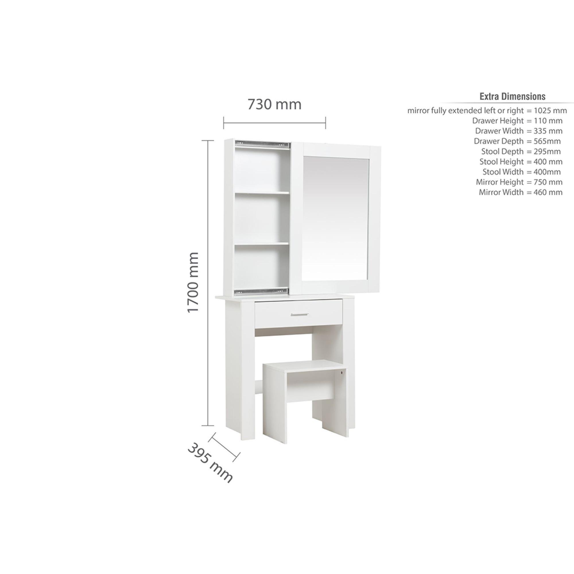 Evelyn Sliding Mirror Dressing Table - 1 Drawer - White