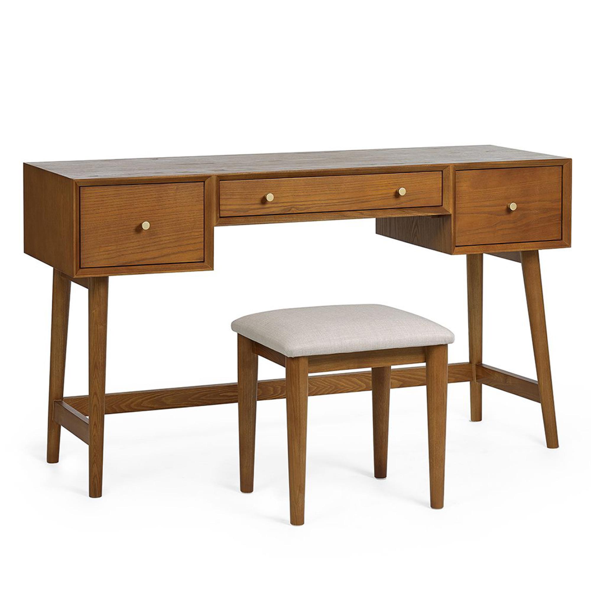 Lowry Dressing Table with Stool - 3 Drawer - Cherry Wood - Retro Style