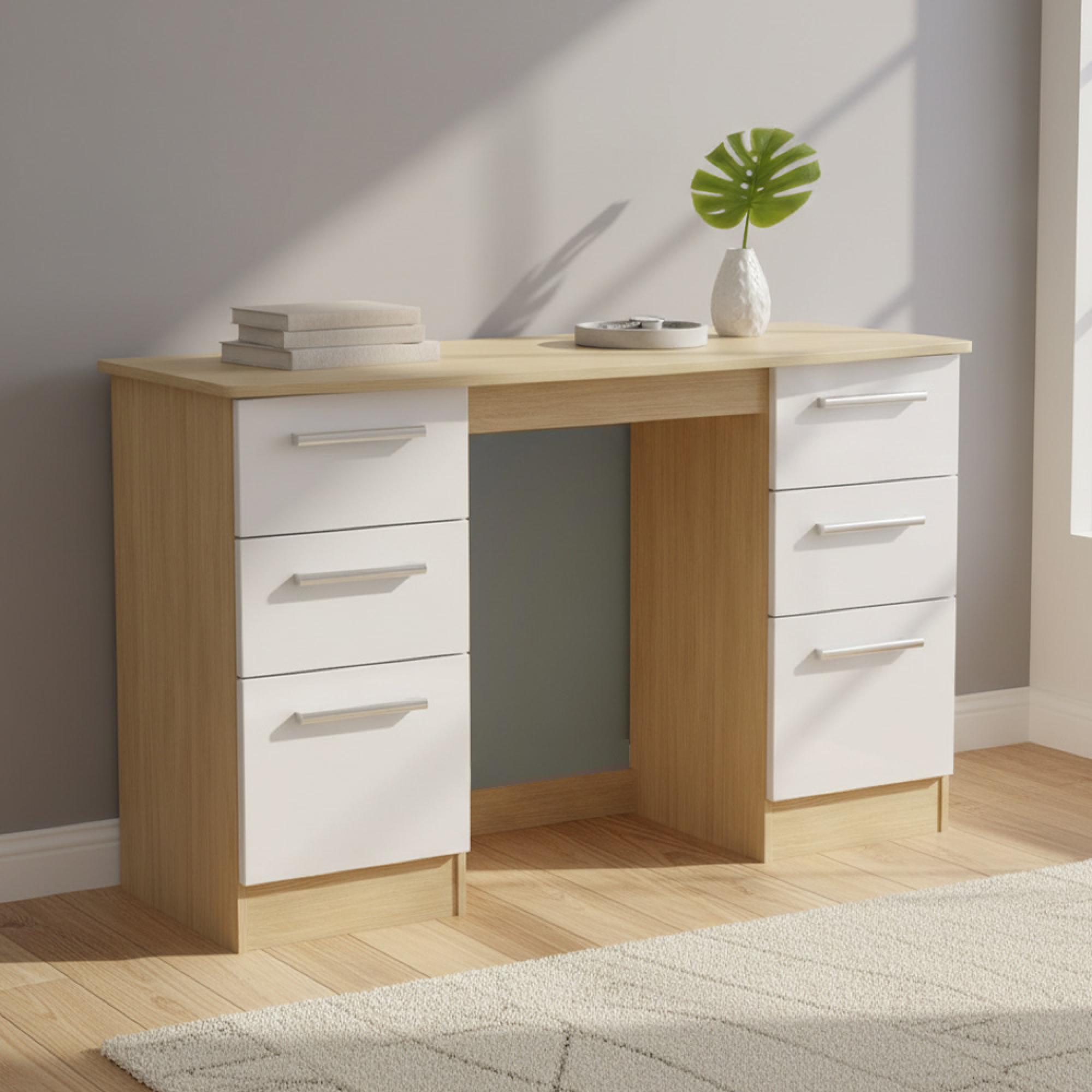 Knightsbridge White Gloss and Light Oak 6 Drawer Double Dressing Table