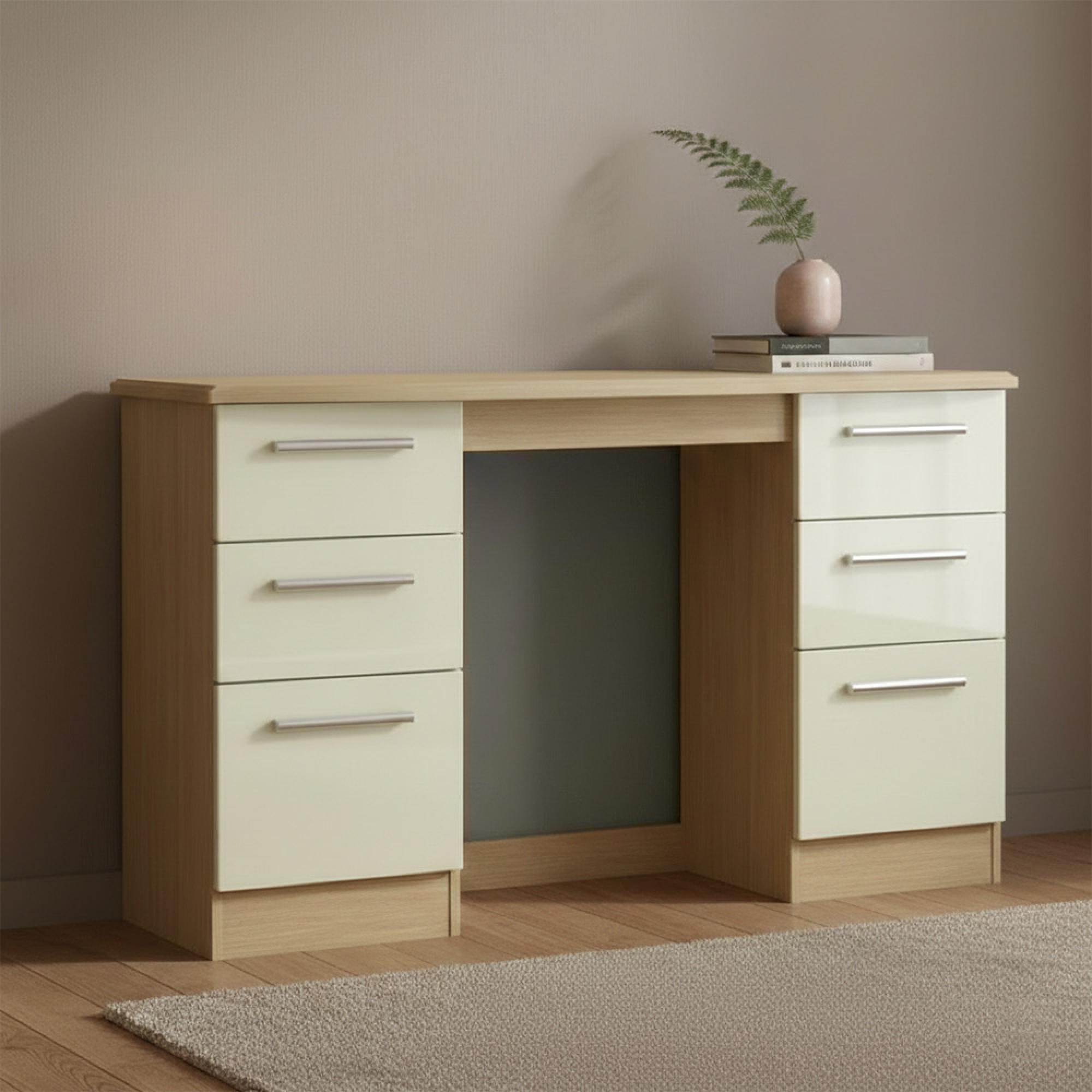Knightsbridge Dressing Table - 6 Drawer - Double - Cream Gloss and Light Oak