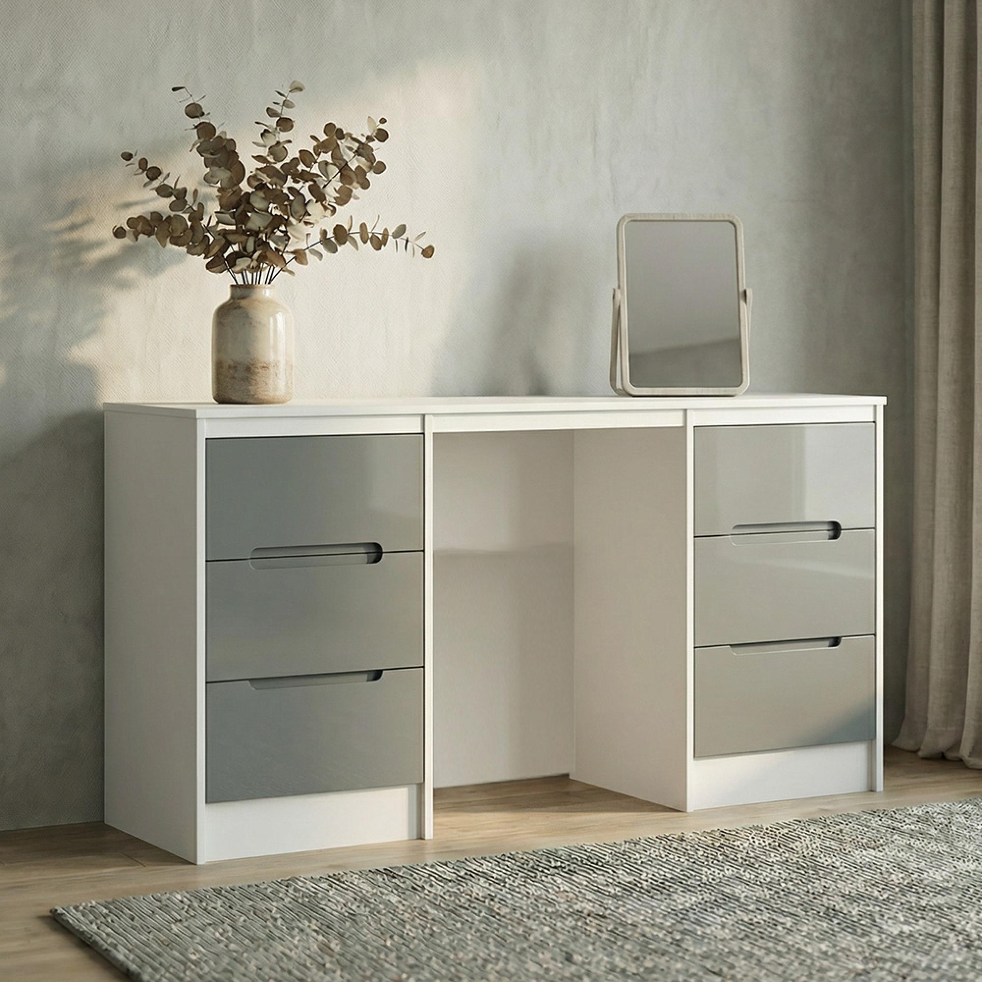 Monaco Dressing Table - Double - 6 Drawer - Grey Gloss and White
