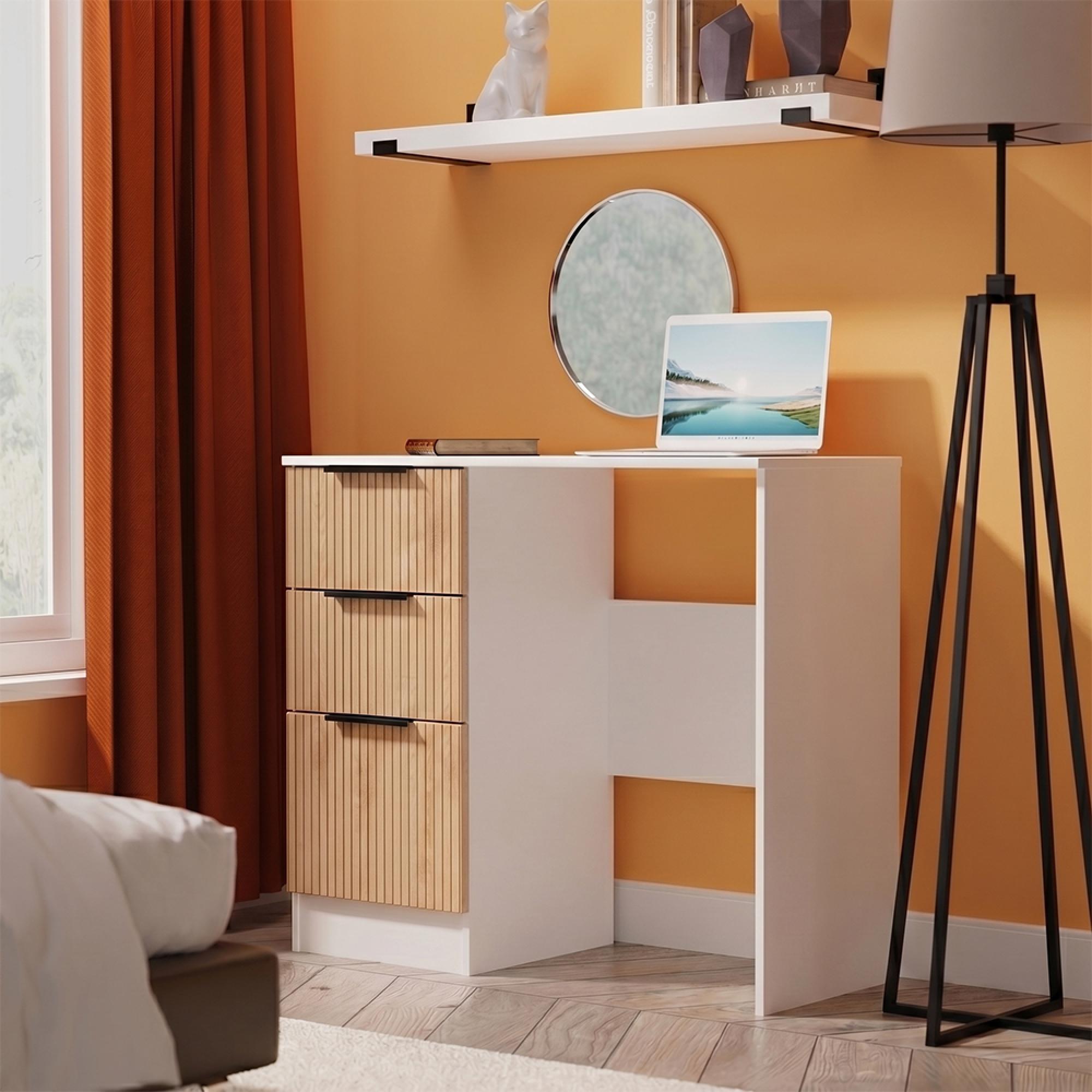 Java Fluted Dressing Table - 3 Drawer - Single - Natural and White