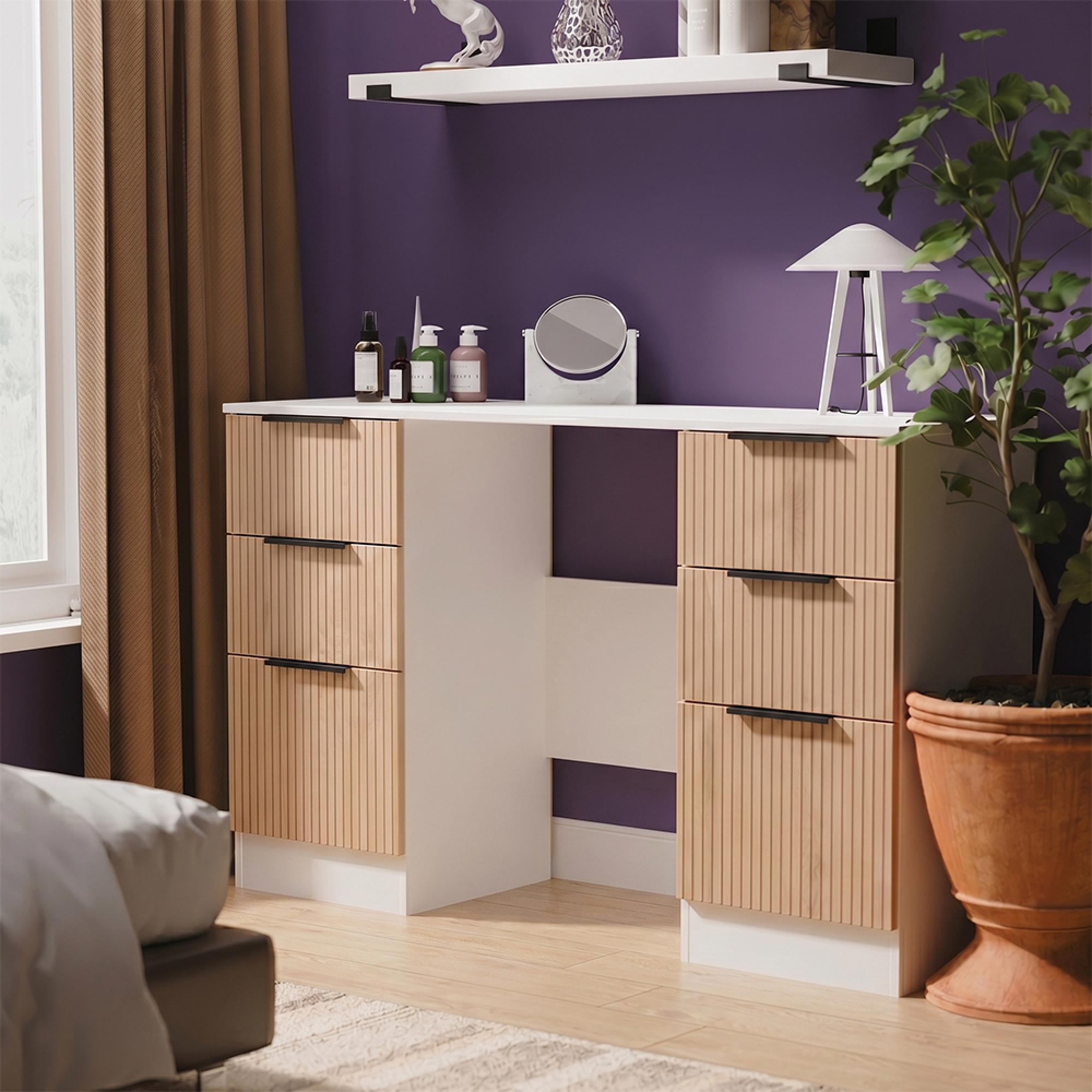 Java Fluted Dressing Table - 6 Drawer - Double - Natural and White