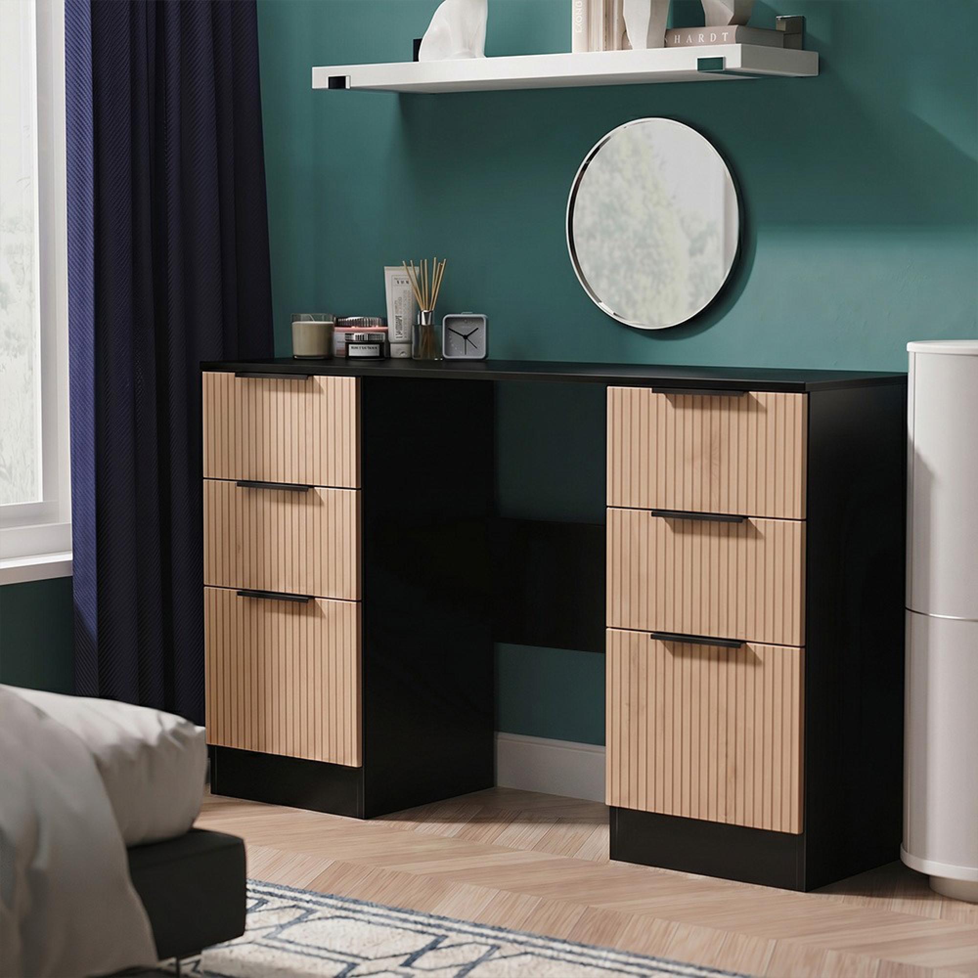 Java Fluted Dressing Table - 6 Drawer - Double - Natural and Black