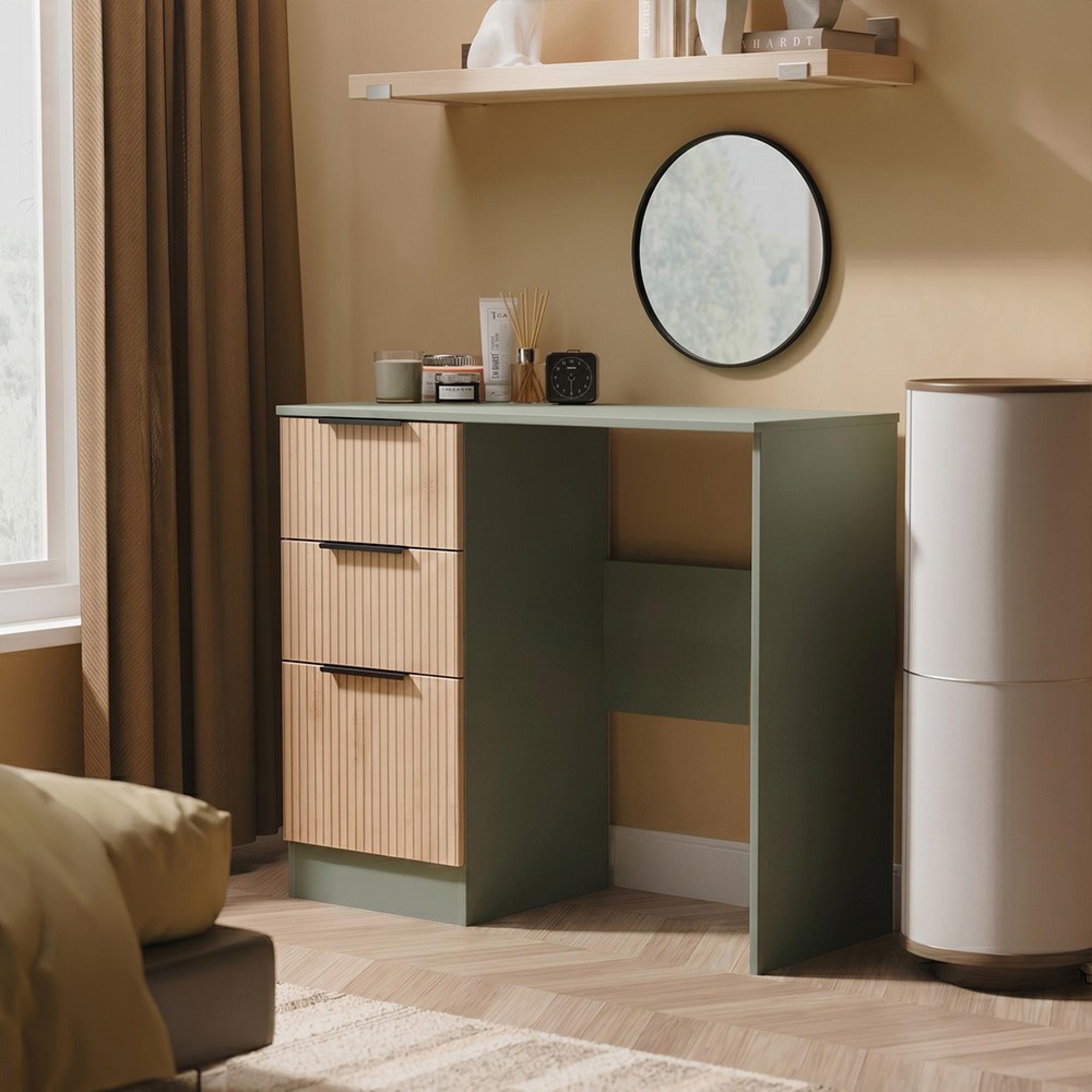 Java Fluted Dressing Table - 3 Drawer - Single - Natural and Reed Green