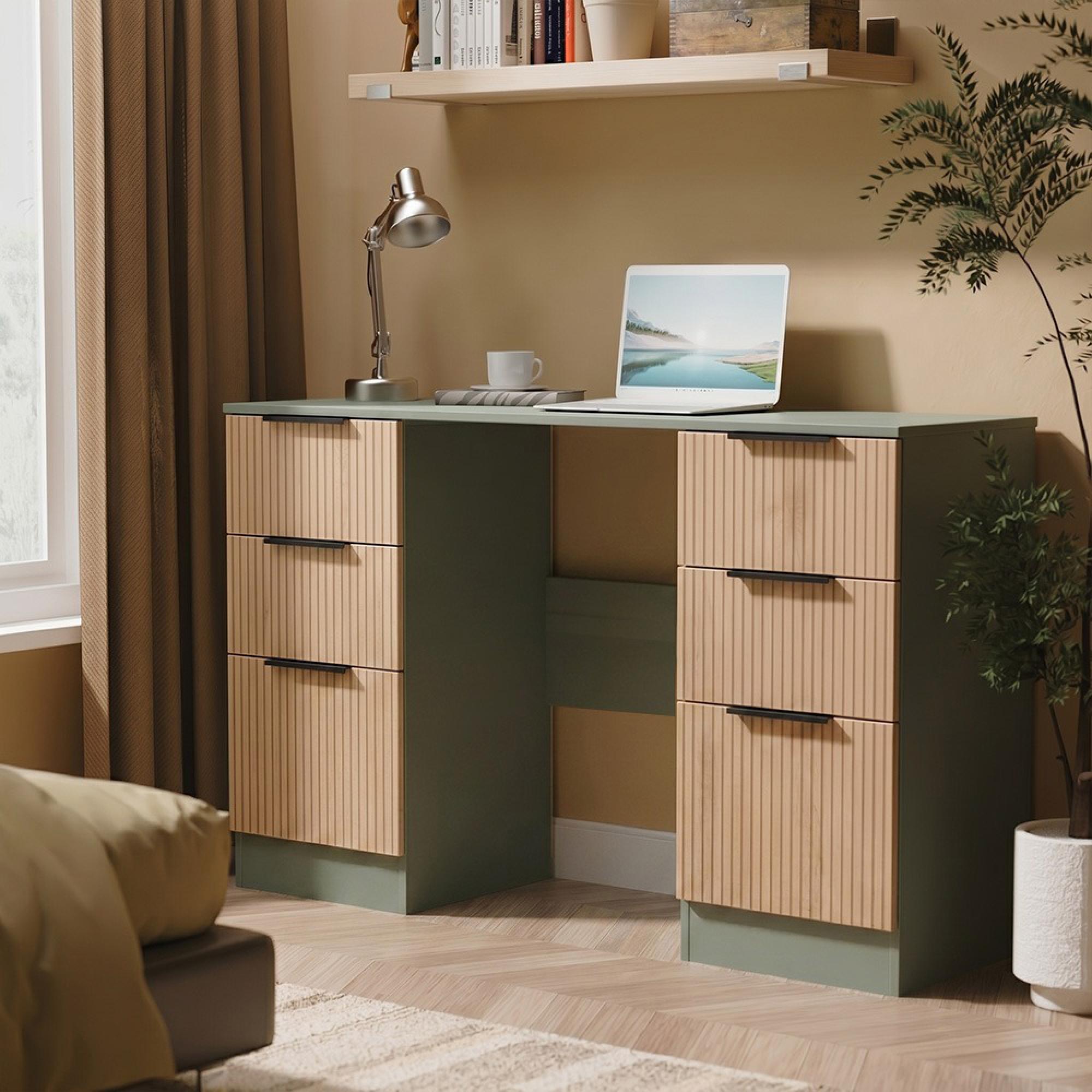 Java Fluted Dressing Table - 6 Drawer - Double - Natural and Reed Green