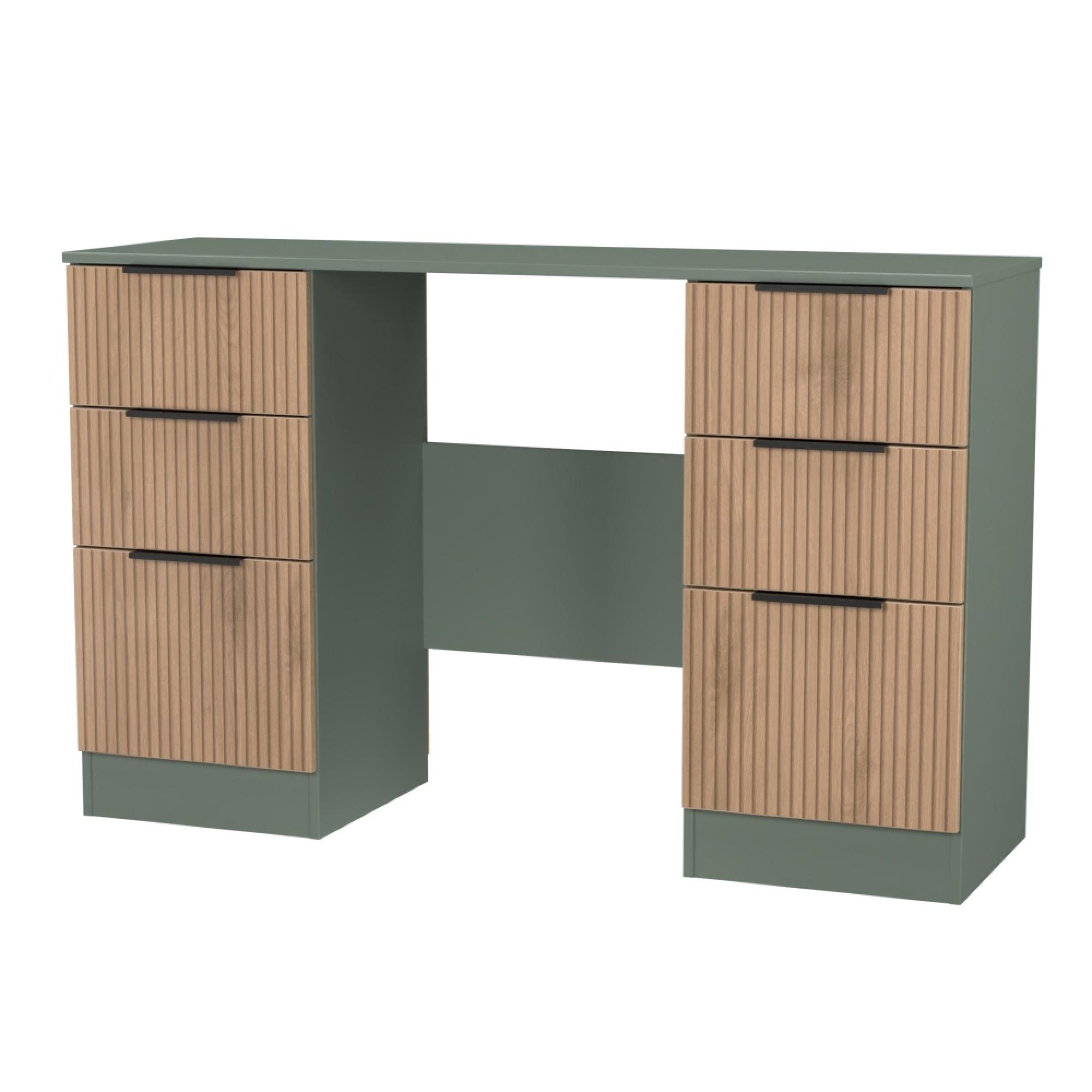 Java Fluted Dressing Table - 6 Drawer - Double - Natural and Reed Green